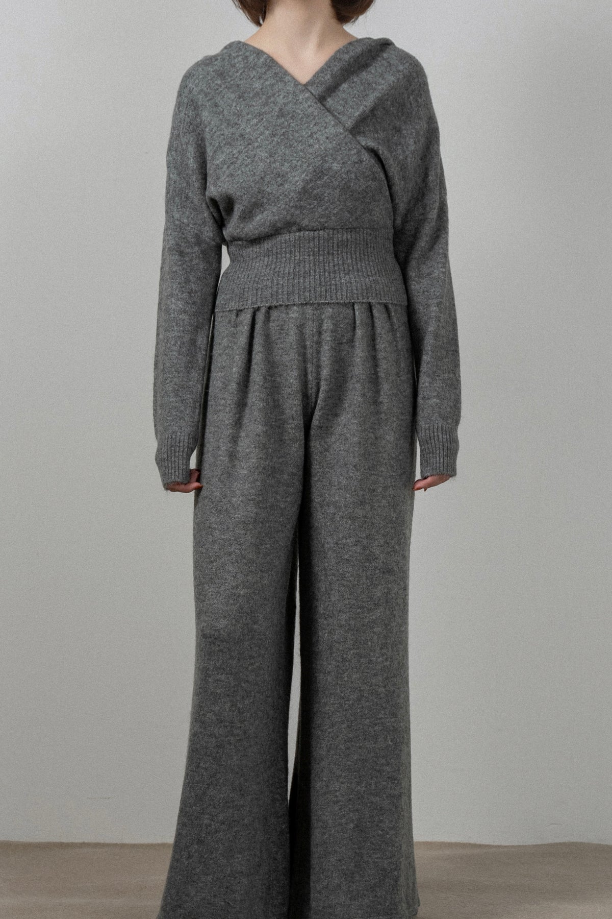 draped wrap neck pants knit setup