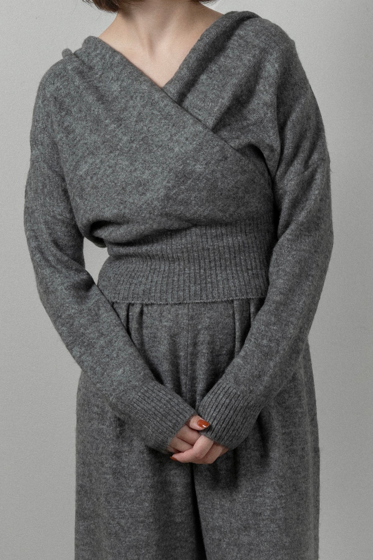 draped wrap neck pants knit setup