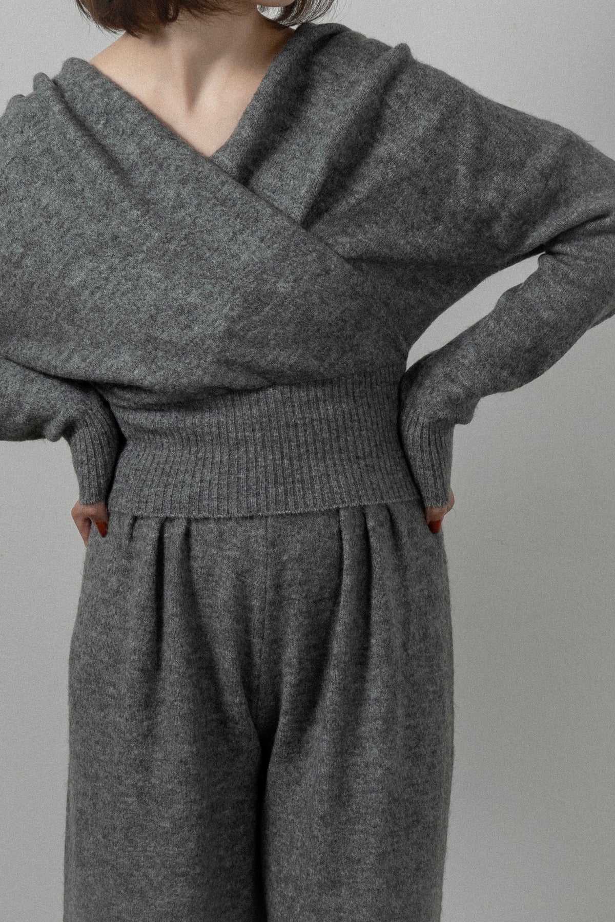 draped wrap neck pants knit setup