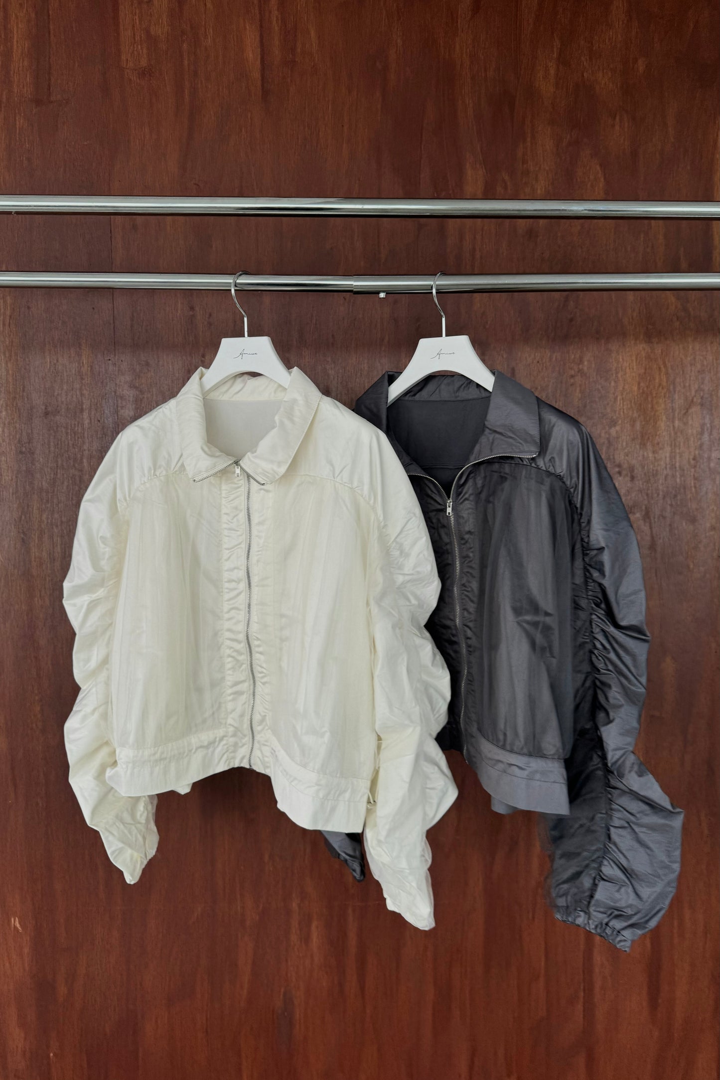 shiny tulle short shirring blouson