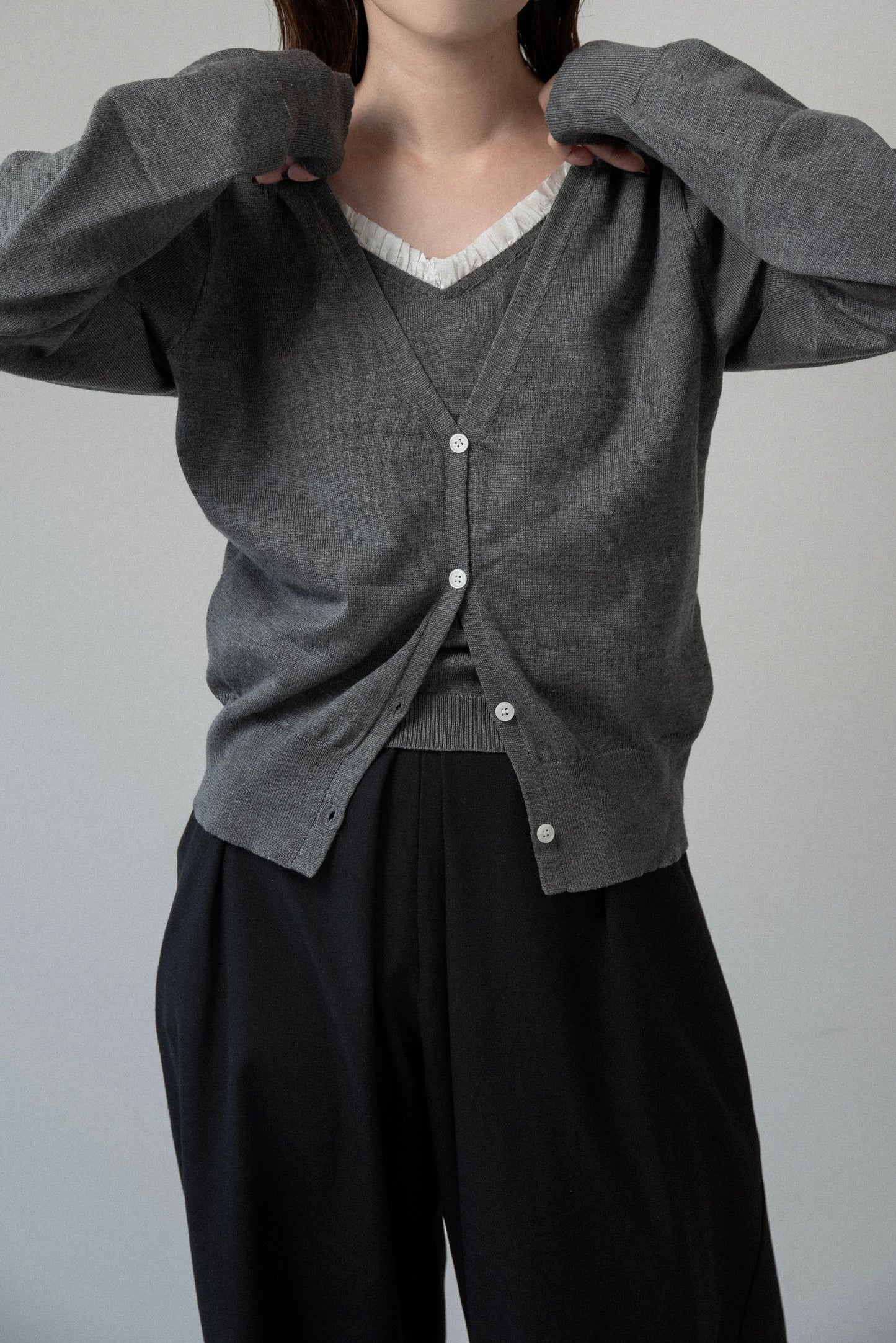 ruffle trim layered like knit cardigan