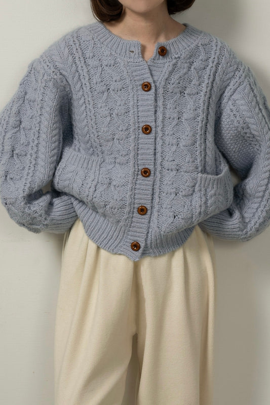 wood button like pocket cable cardigan