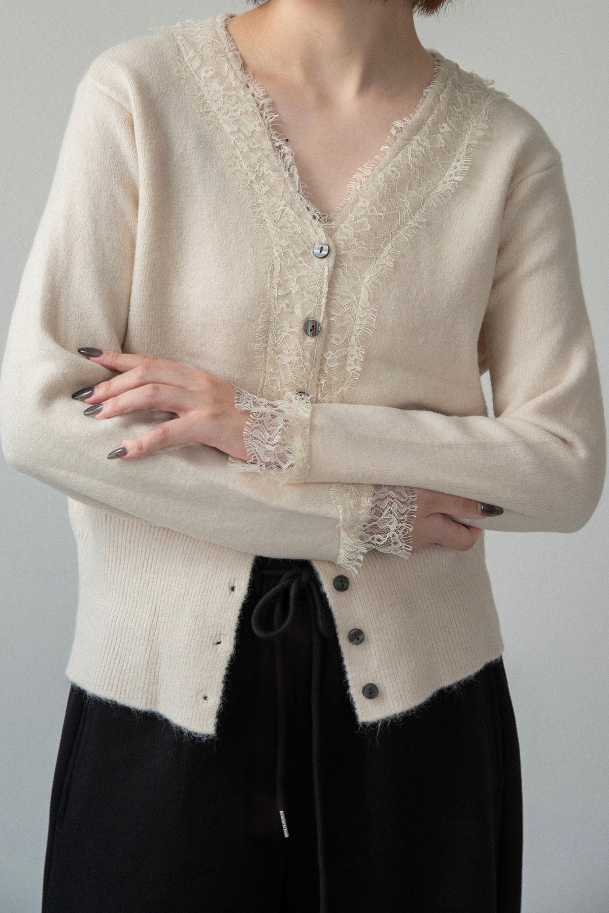 lace trim soft knit cardigan