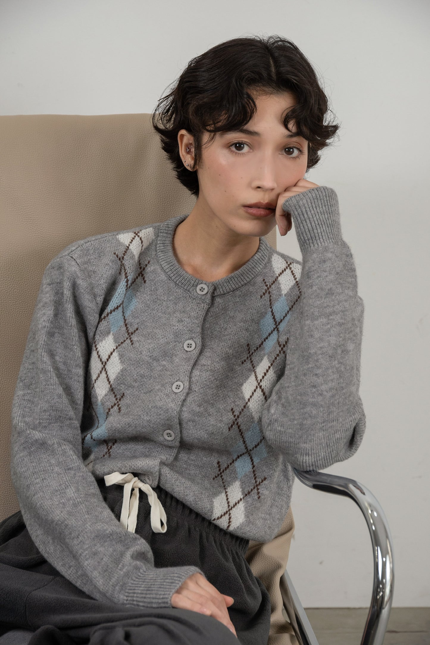 argyle pattern simple cardigan