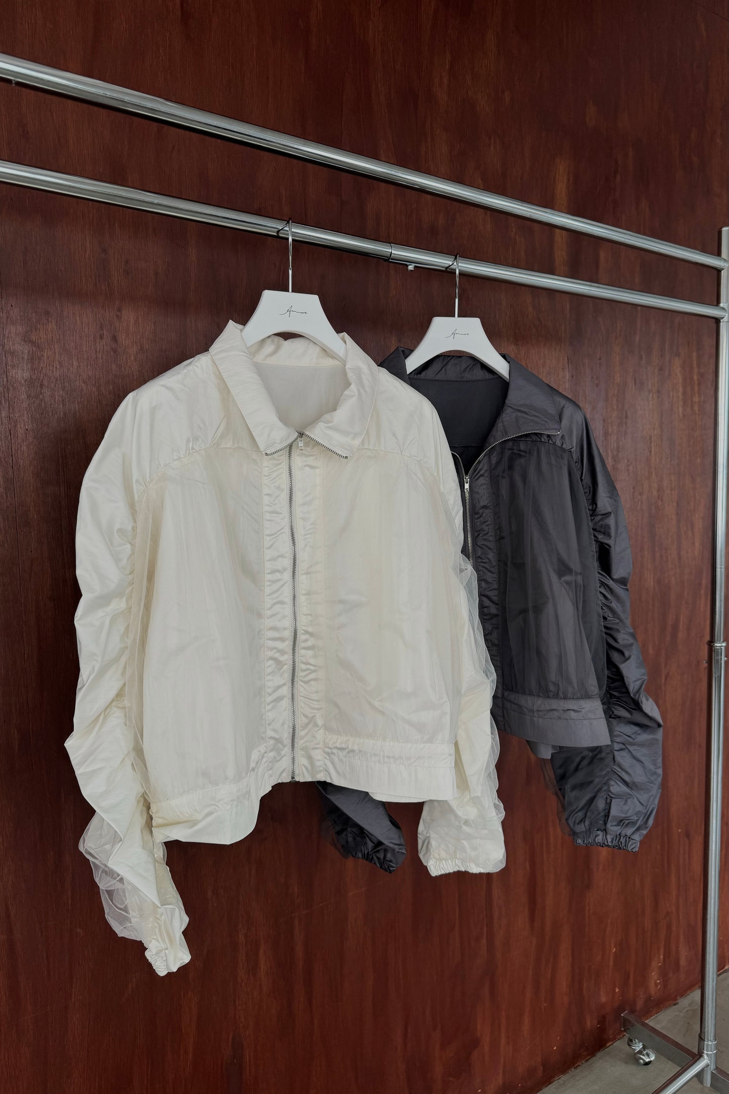 shiny tulle short shirring blouson