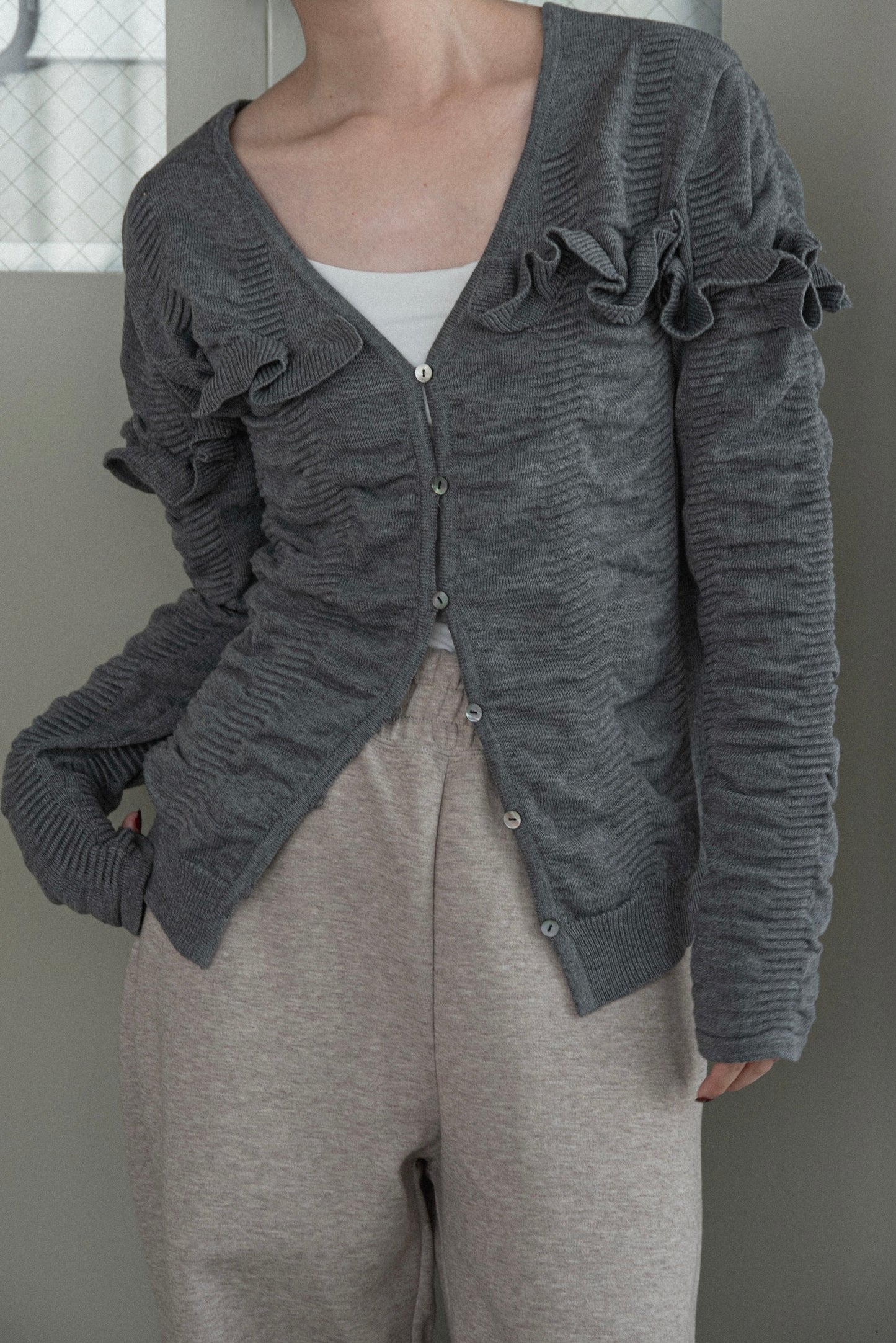 textured ruffle knit cardigan