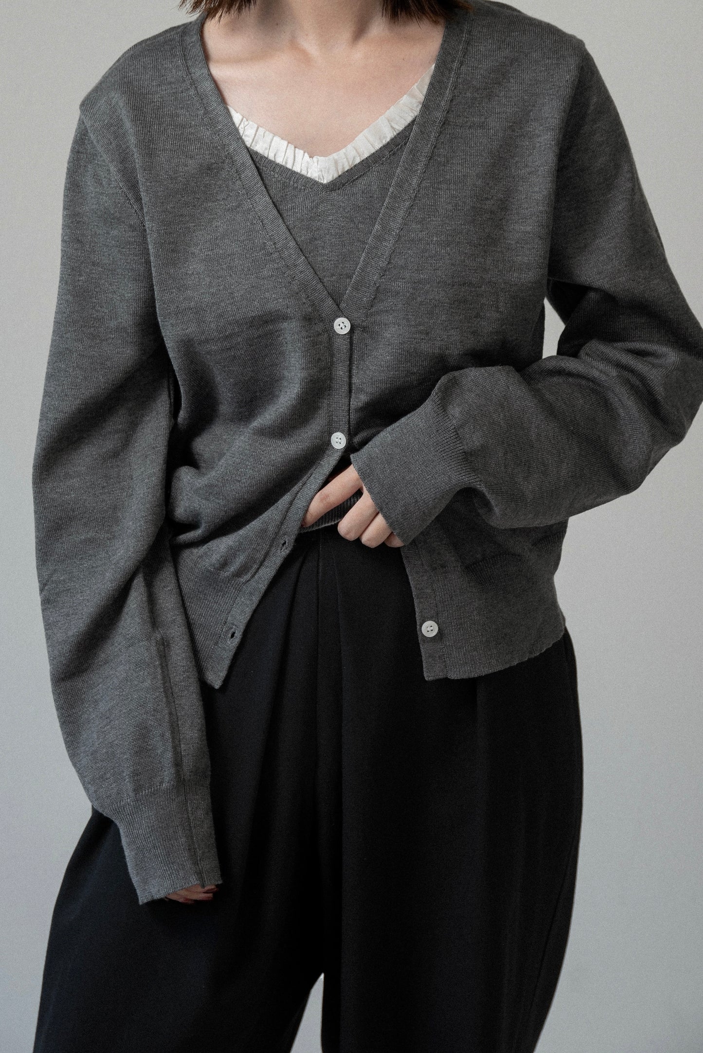 ruffle trim layered like knit cardigan