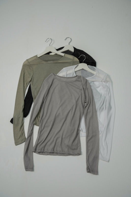 rib sheer round neck tops