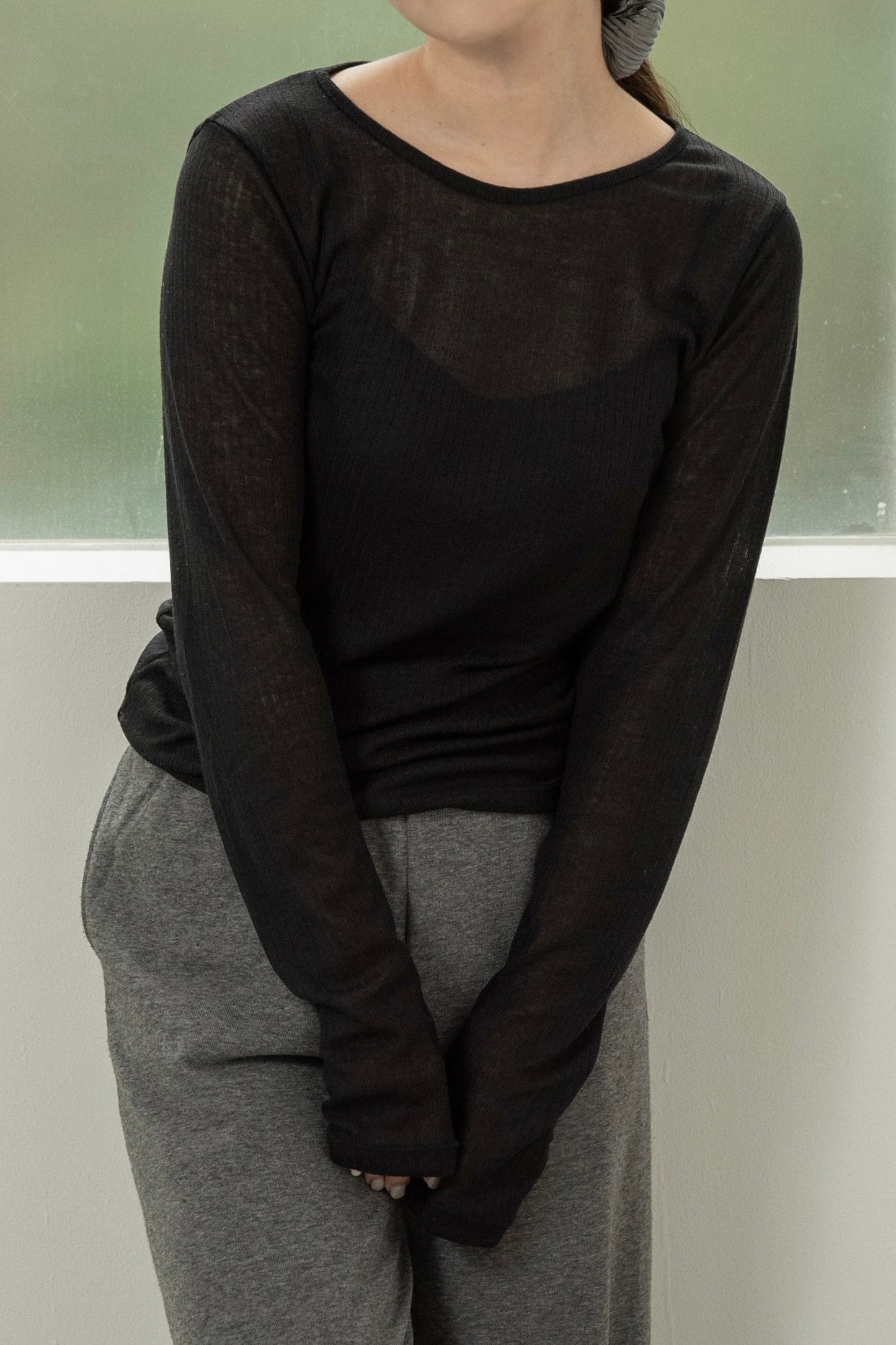 rib sheer round neck tops