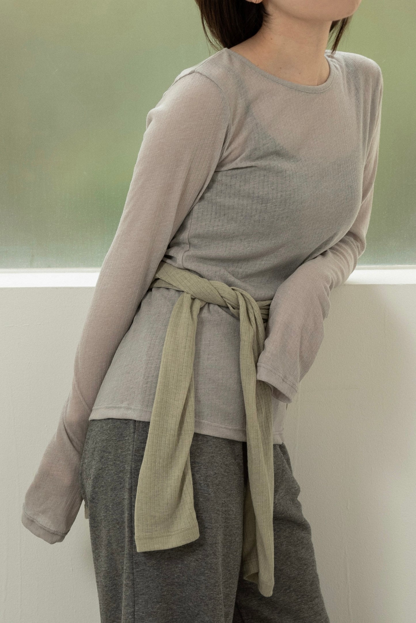 rib sheer round neck tops