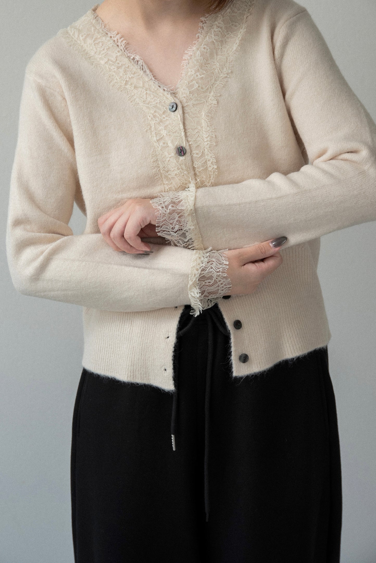 lace trim soft knit cardigan