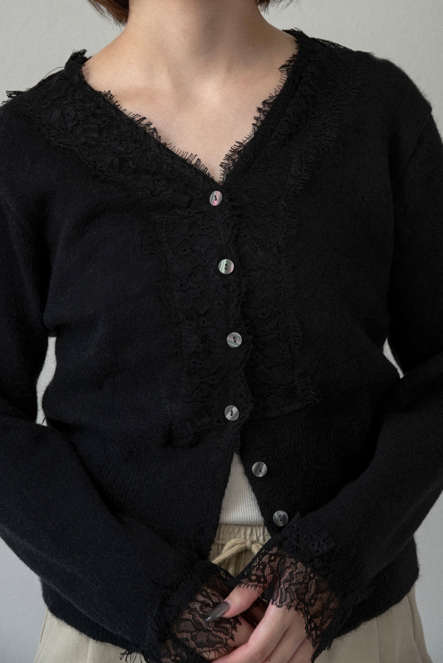 lace trim soft knit cardigan