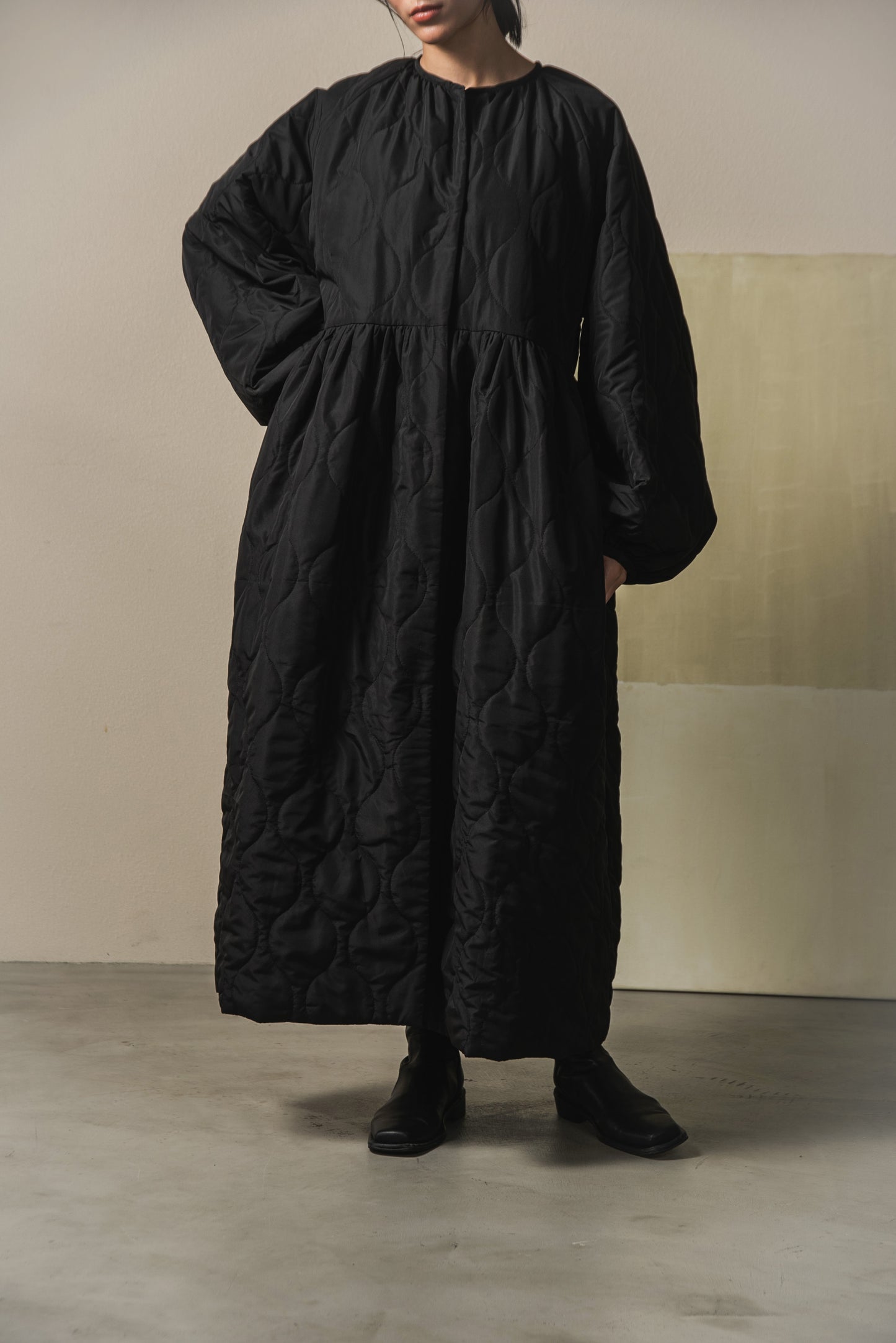 boa quilting volume flare long coat