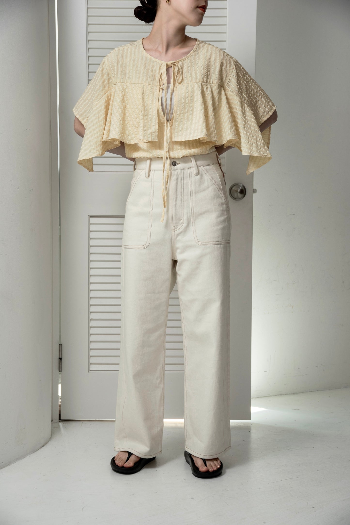 unevenness stripe frill ribbon blouse