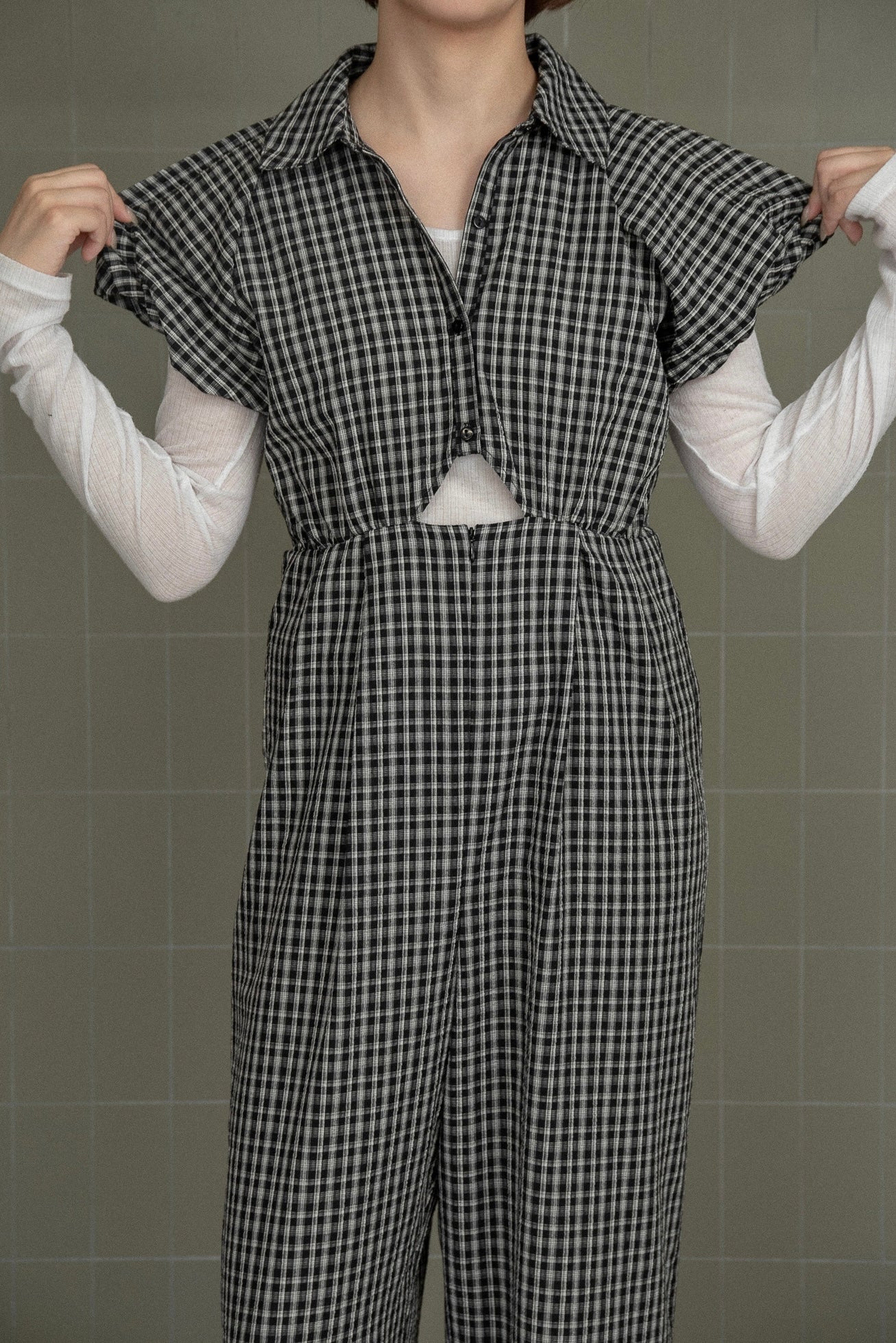 check mini puff sleeve allinone