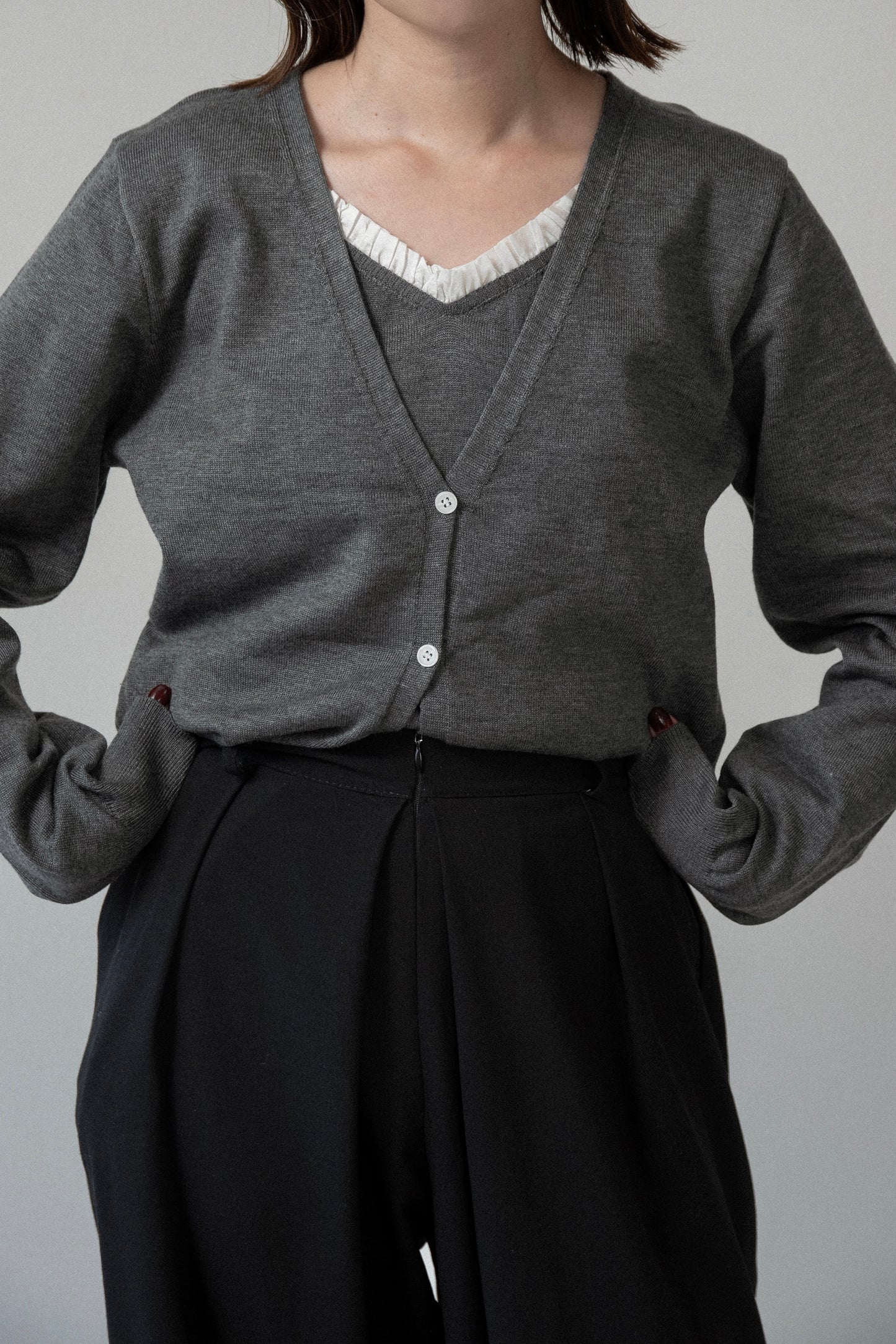 ruffle trim layered like knit cardigan