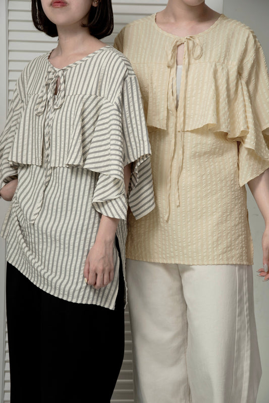 unevenness stripe frill ribbon blouse