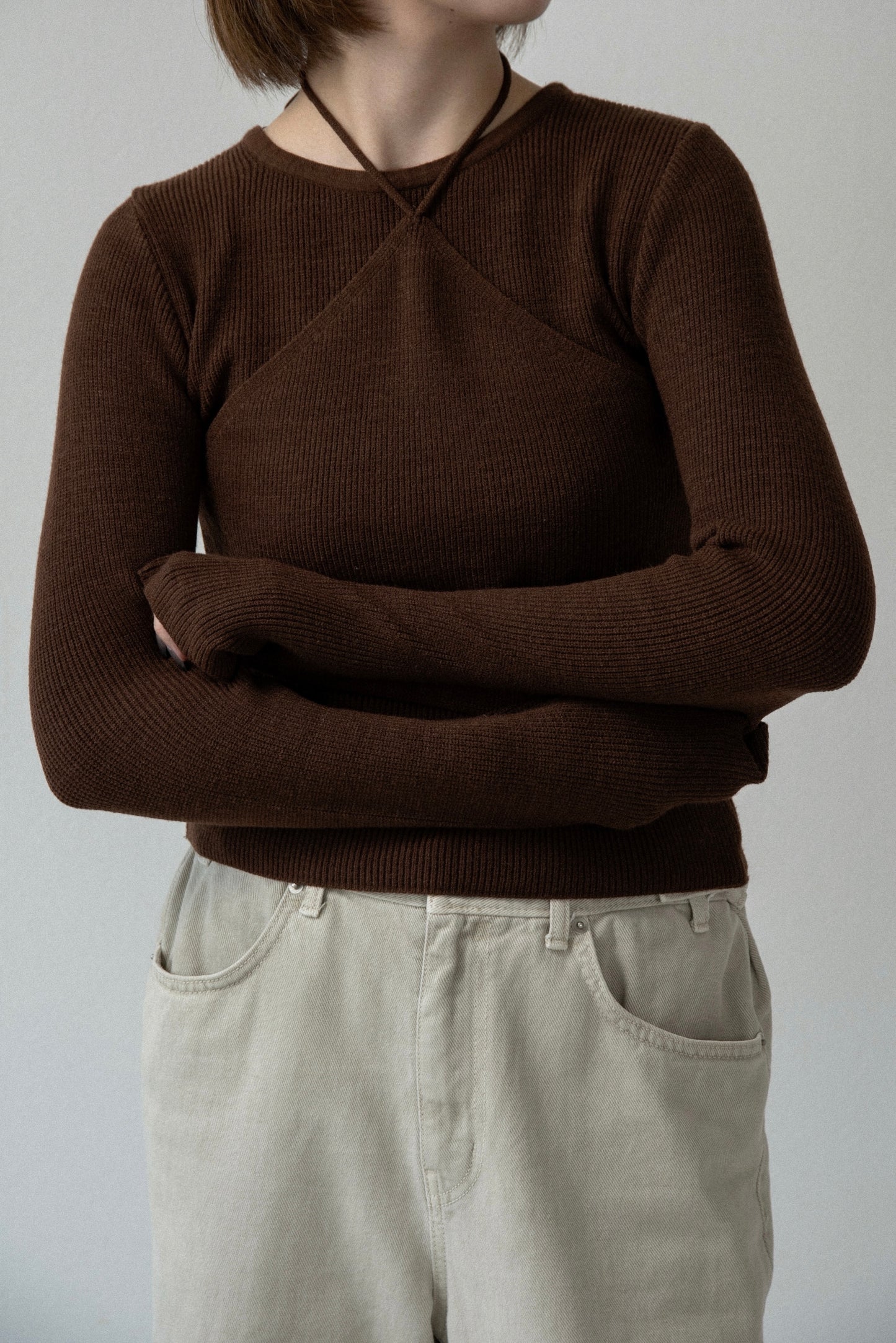 halter neck strap layer like knit