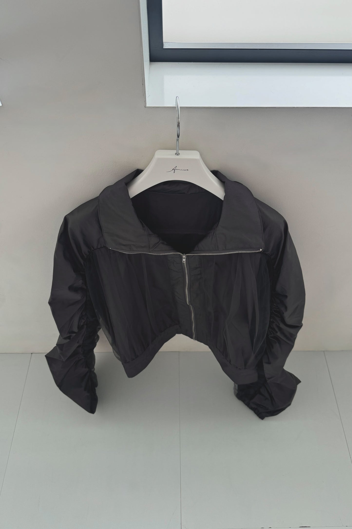 shiny tulle short shirring blouson