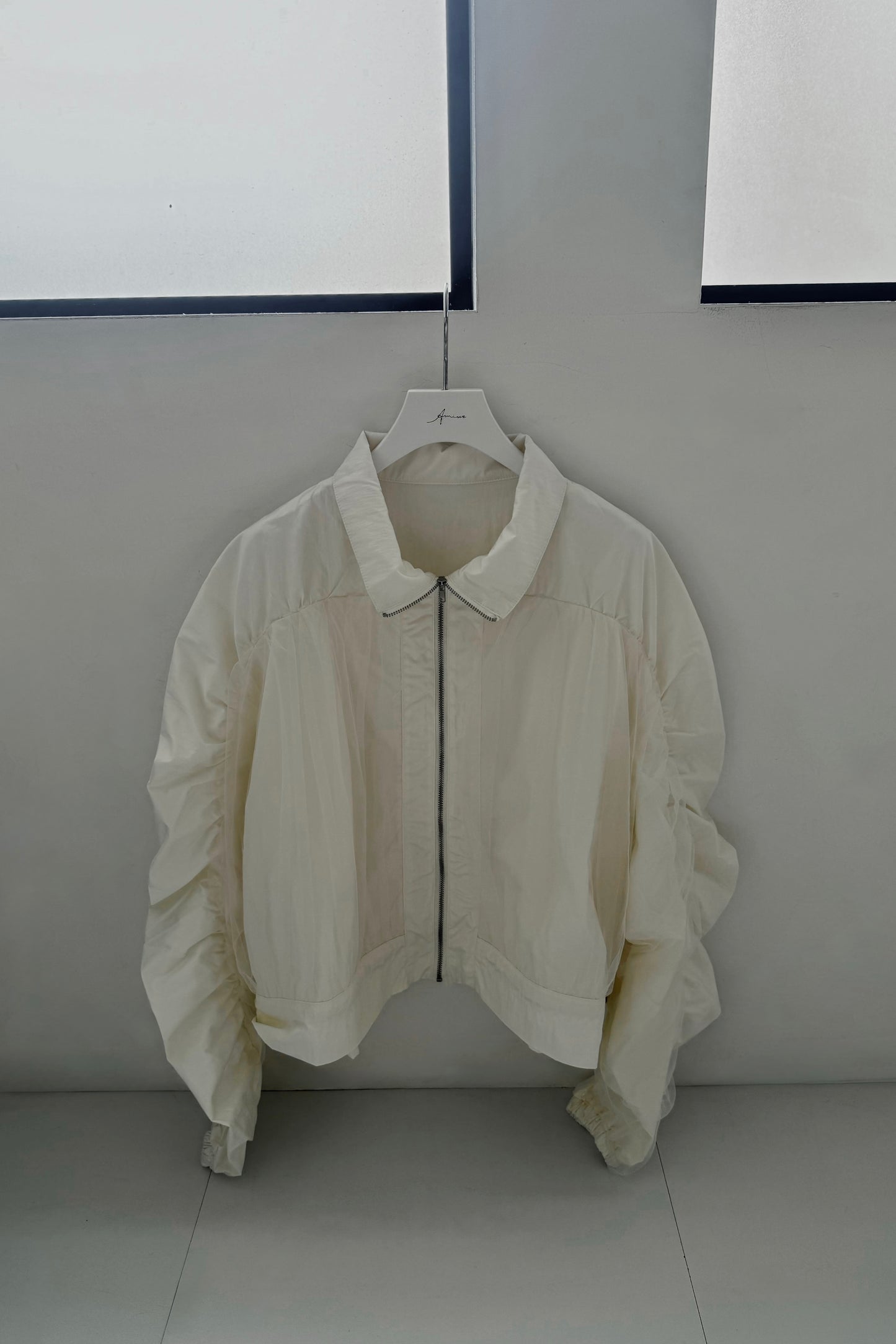 shiny tulle short shirring blouson