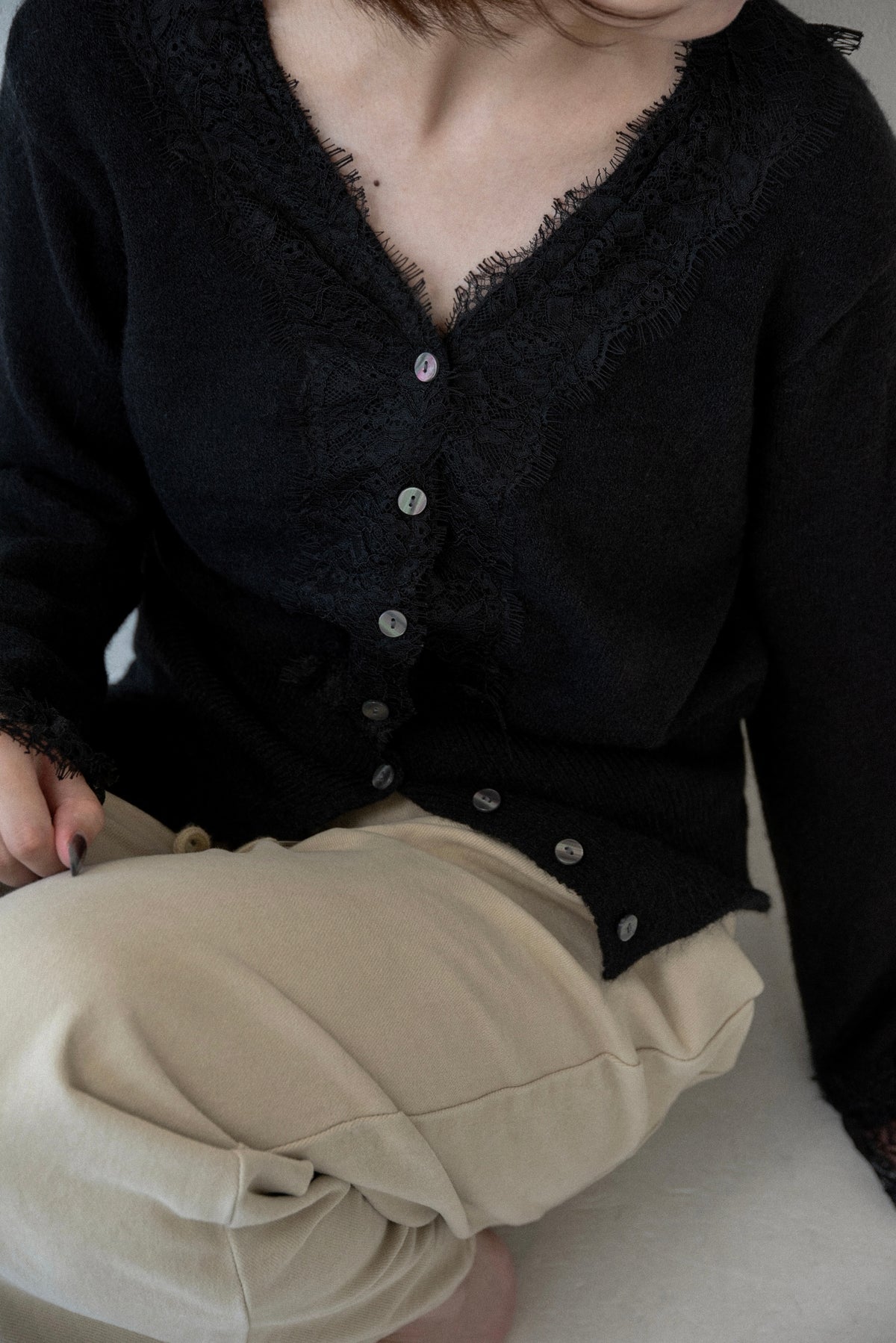 lace trim soft knit cardigan