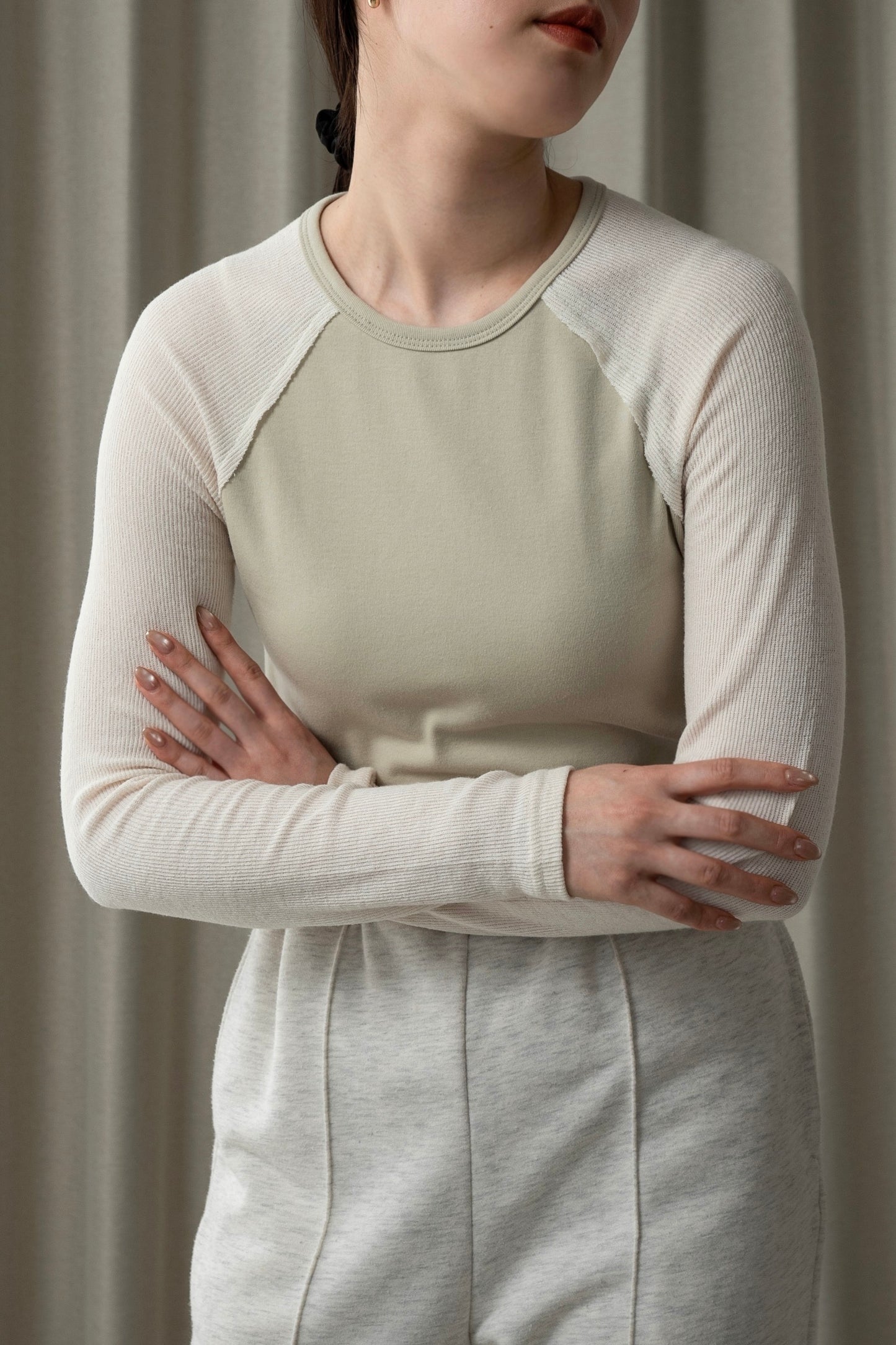rib knit docking raglan sleeve T