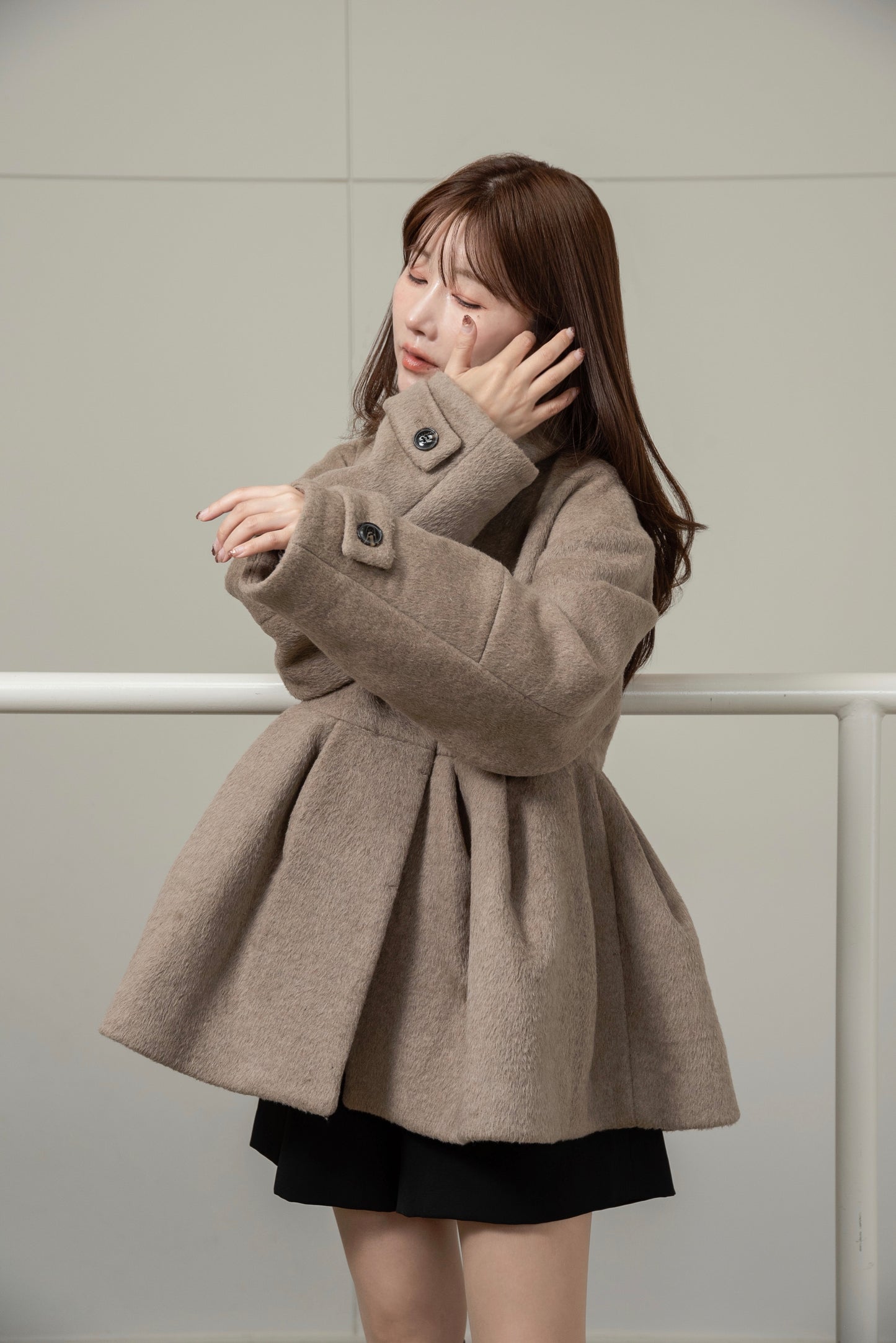 hidden button peplum flare coat