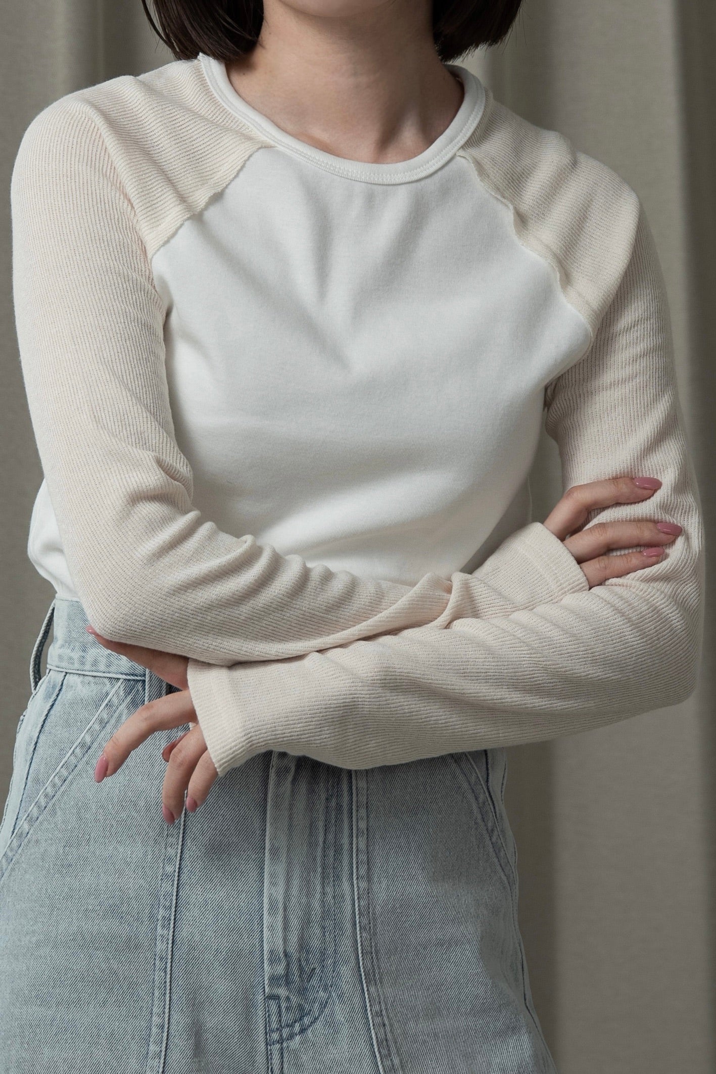 rib knit docking raglan sleeve T