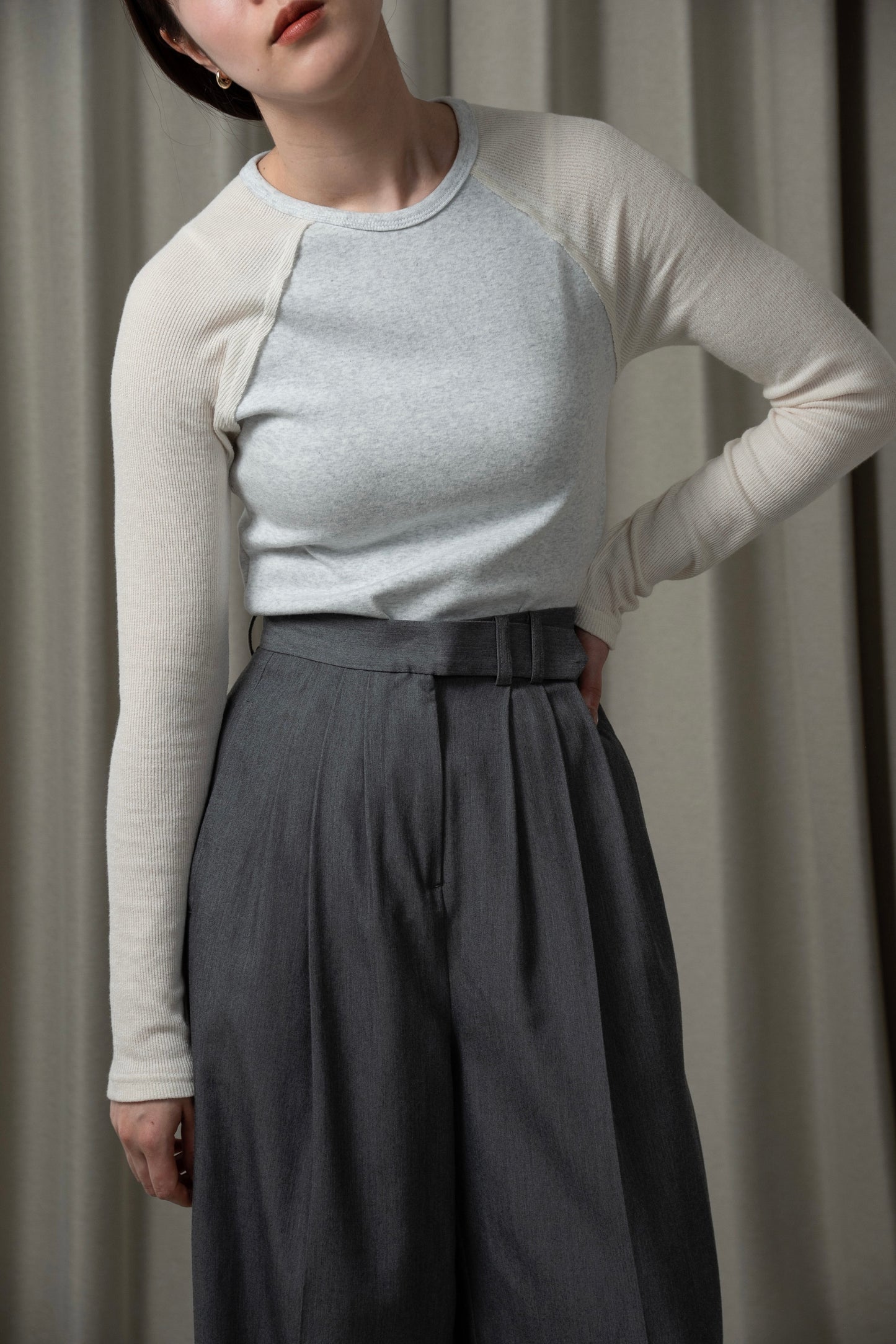 rib knit docking raglan sleeve T
