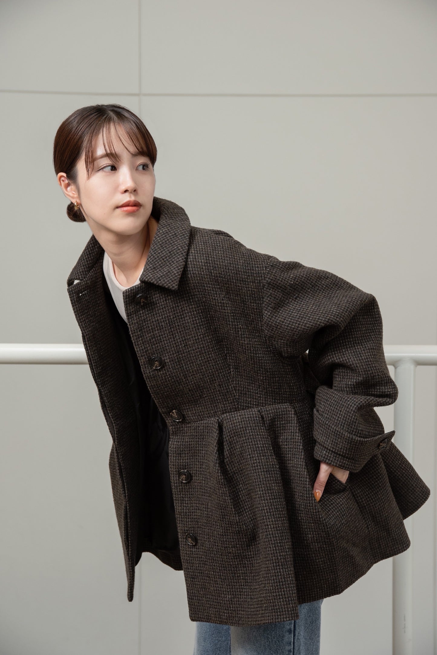 hidden button peplum flare coat