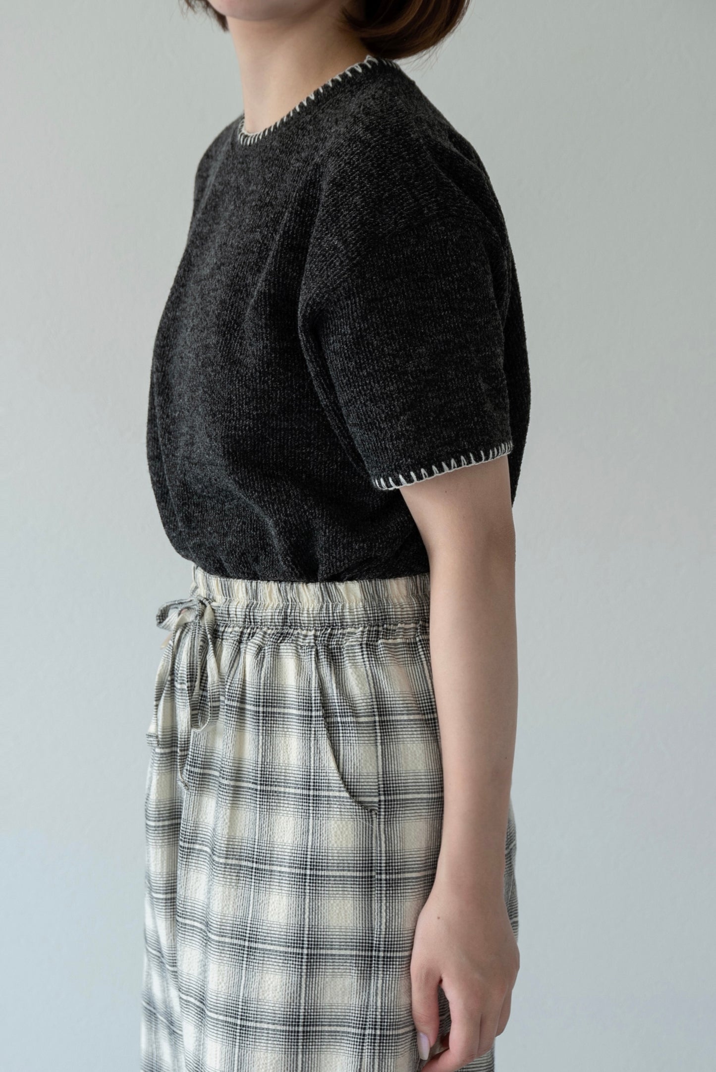 blanket stitch short sleeve knit tops