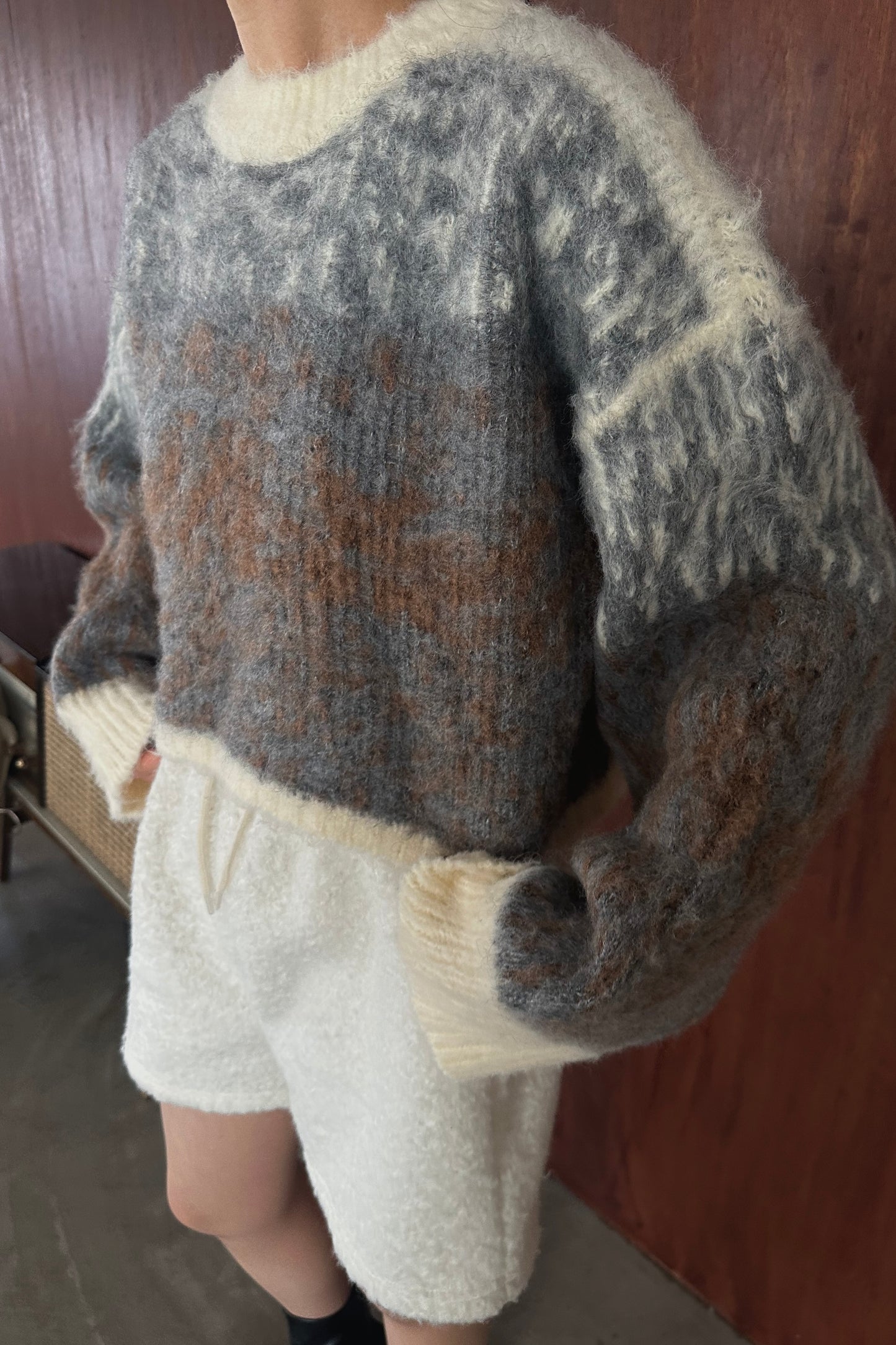 drop shoulder mix pattern fluffy knit