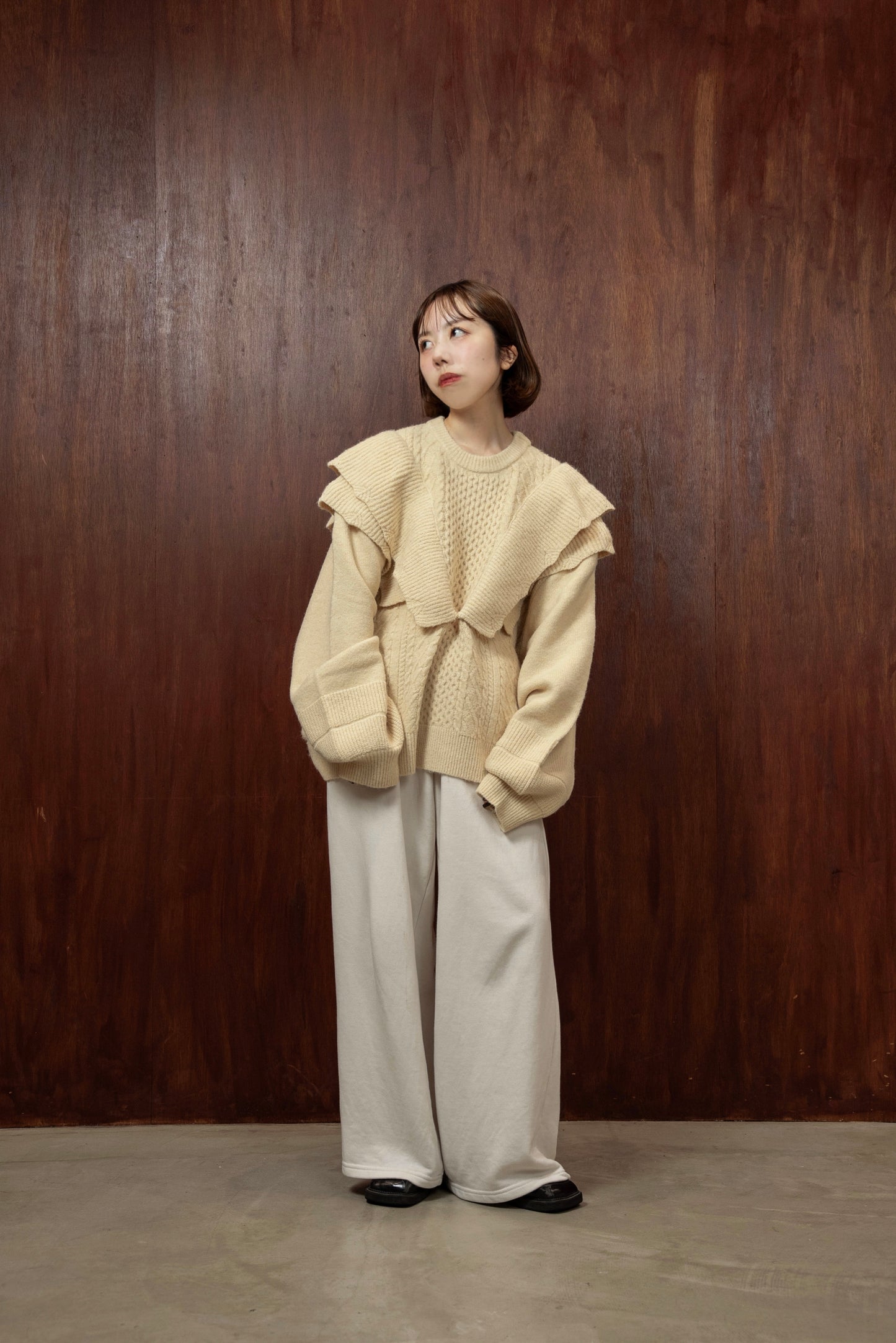 rib frill volume sleeve cable knit