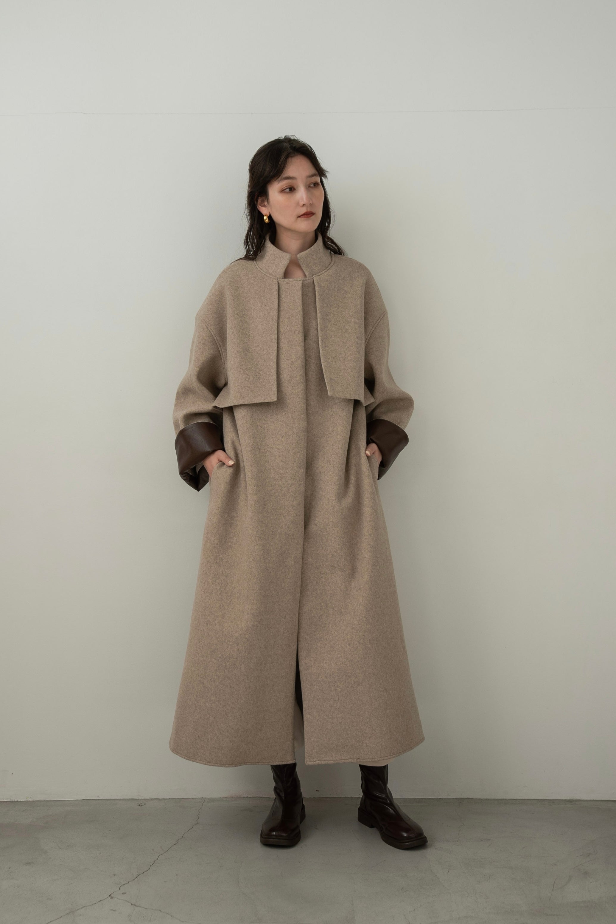 stand neck leather cuff coat
