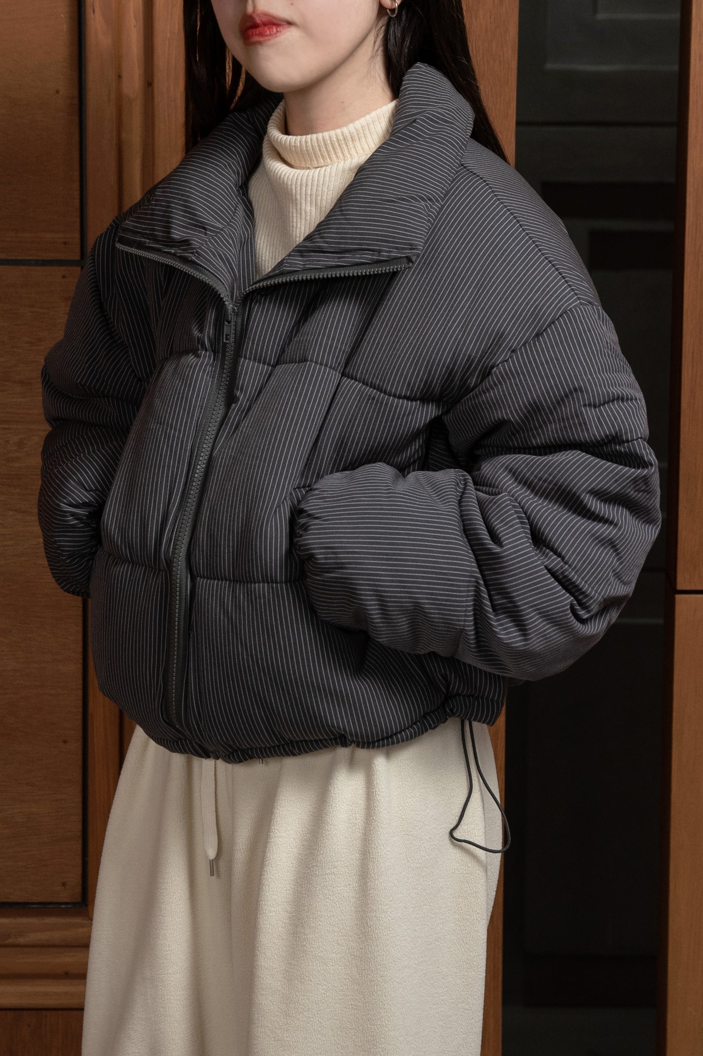 thin stripe high neck quilting coat