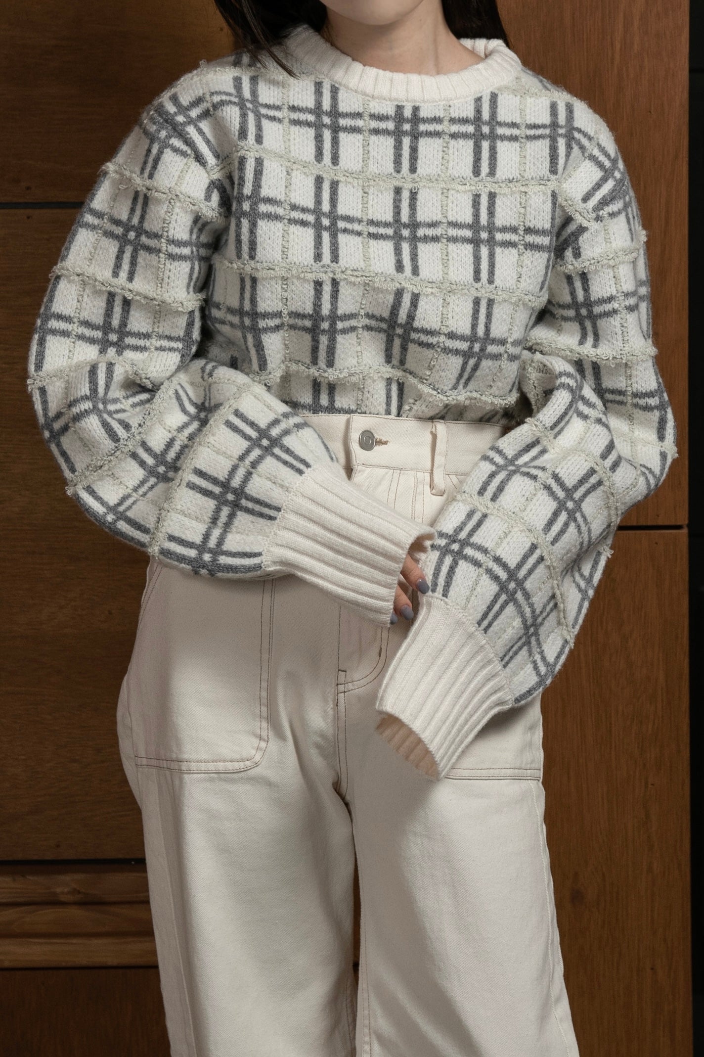 mix pattern bicolor check rib knit