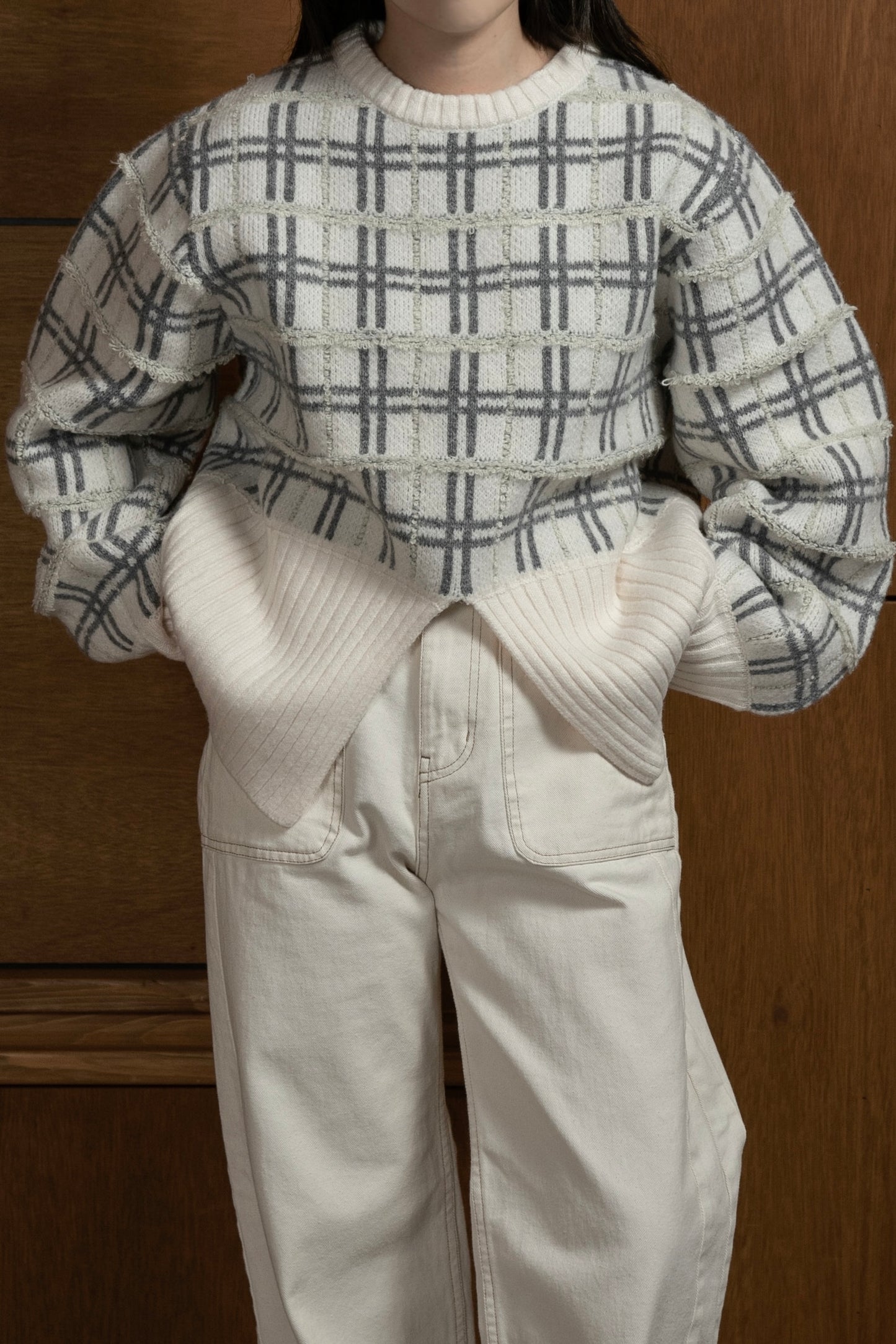 mix pattern bicolor check rib knit