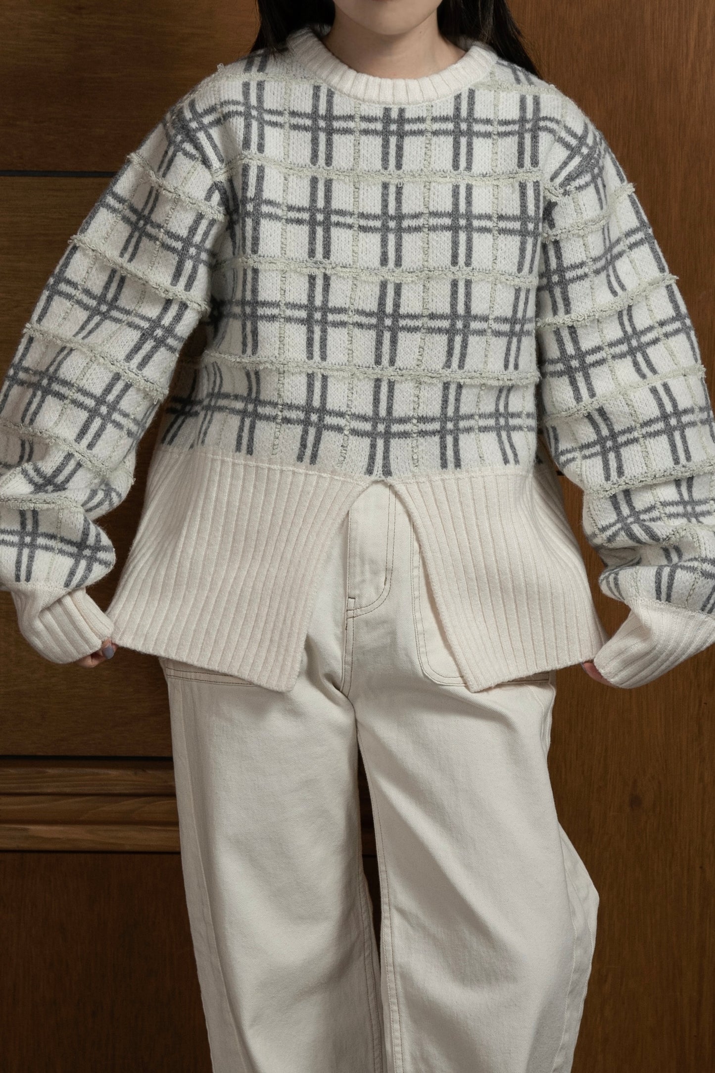 mix pattern bicolor check rib knit