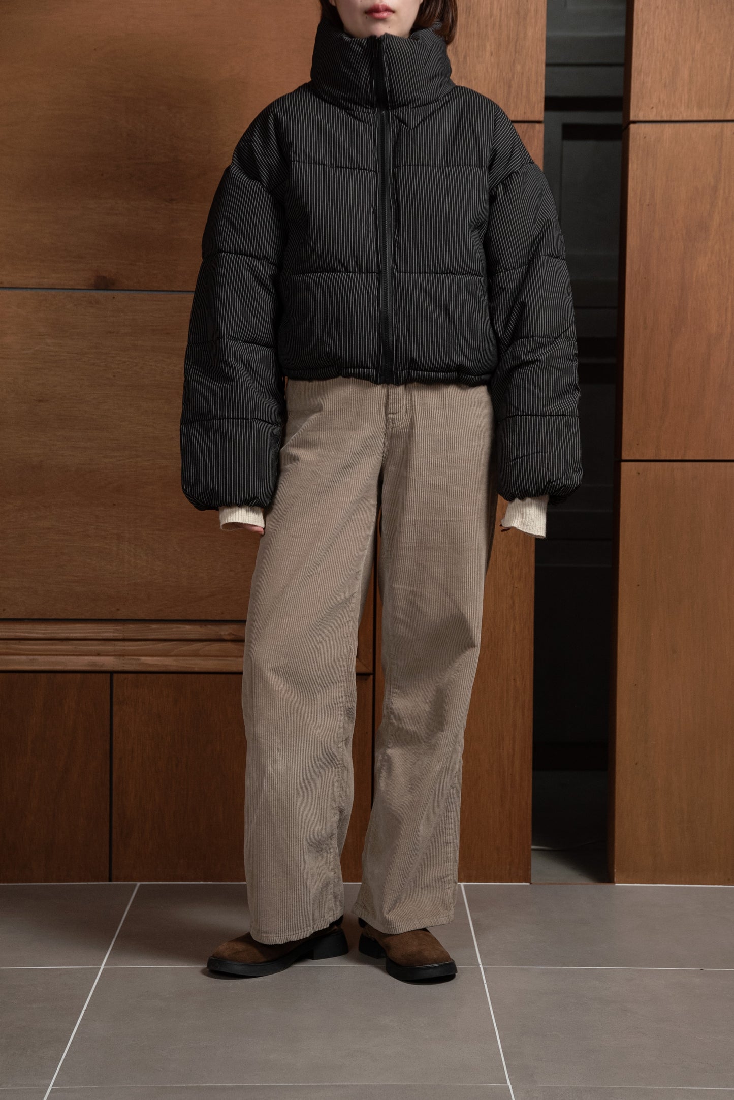 thin stripe high neck quilting coat