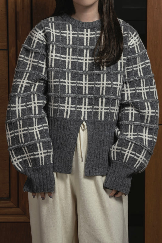 mix pattern bicolor check rib knit