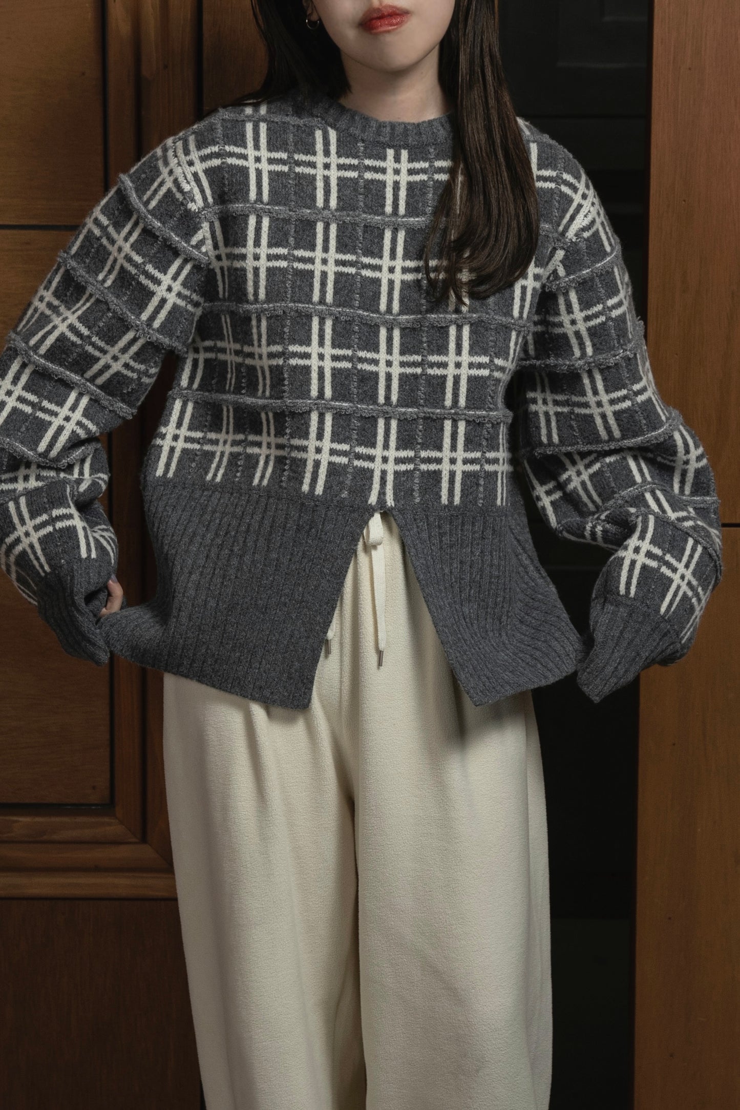 mix pattern bicolor check rib knit