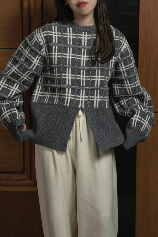 mix pattern bicolor check rib knit