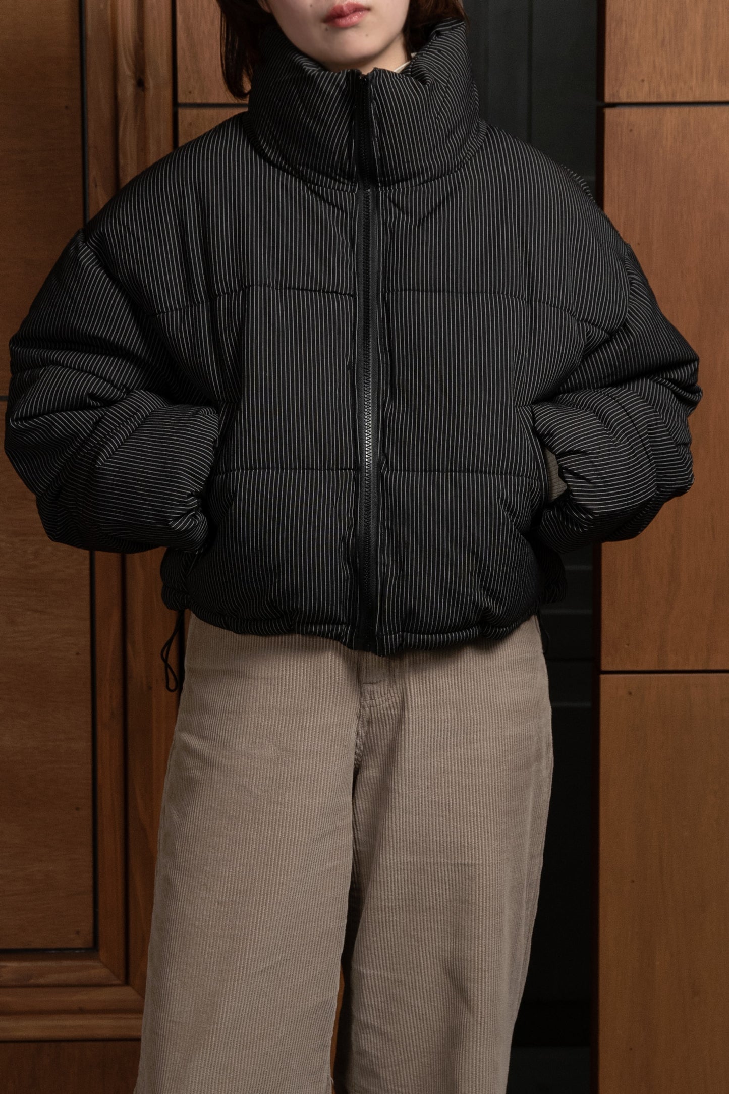 thin stripe high neck quilting coat