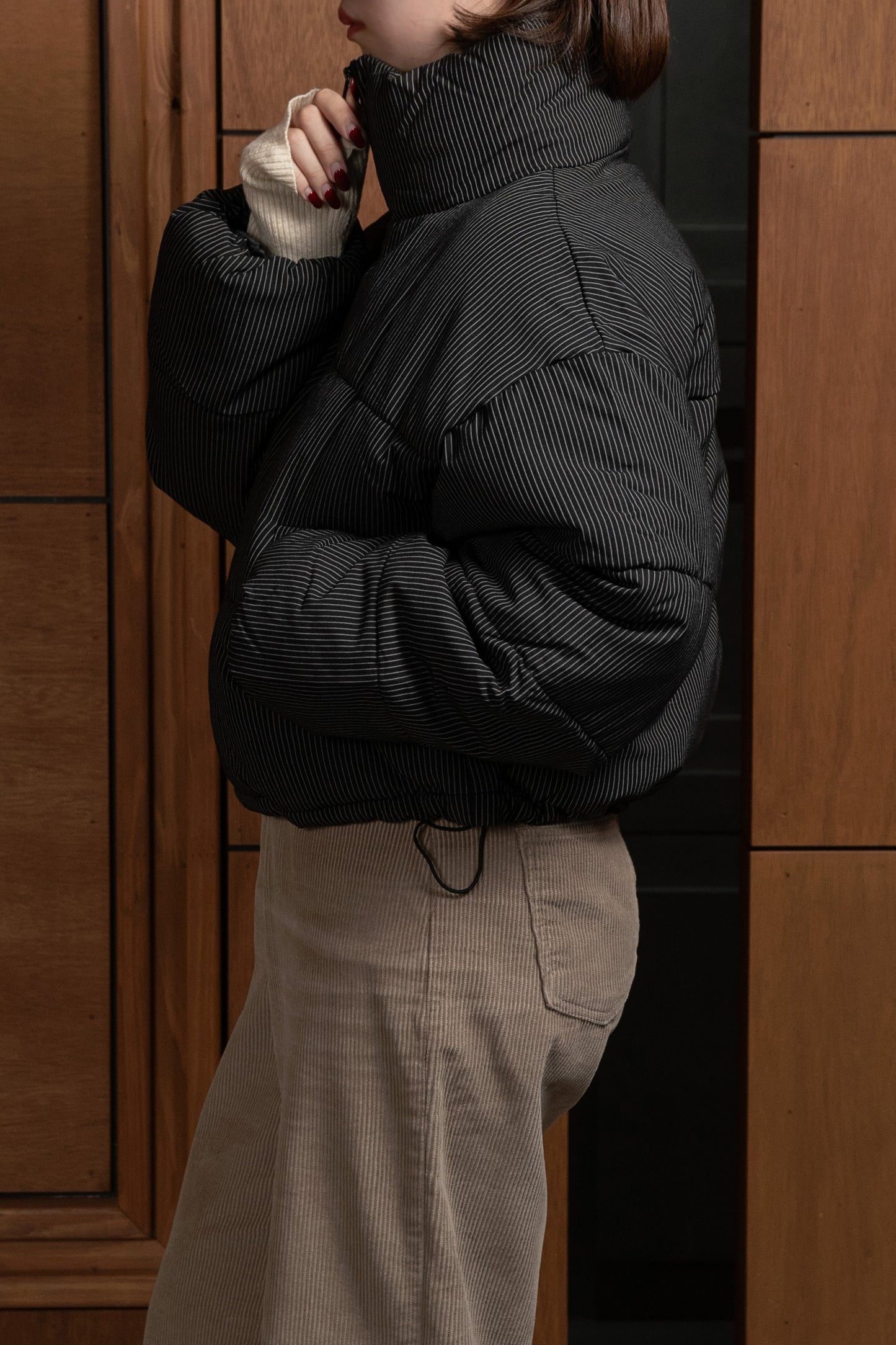 thin stripe high neck quilting coat