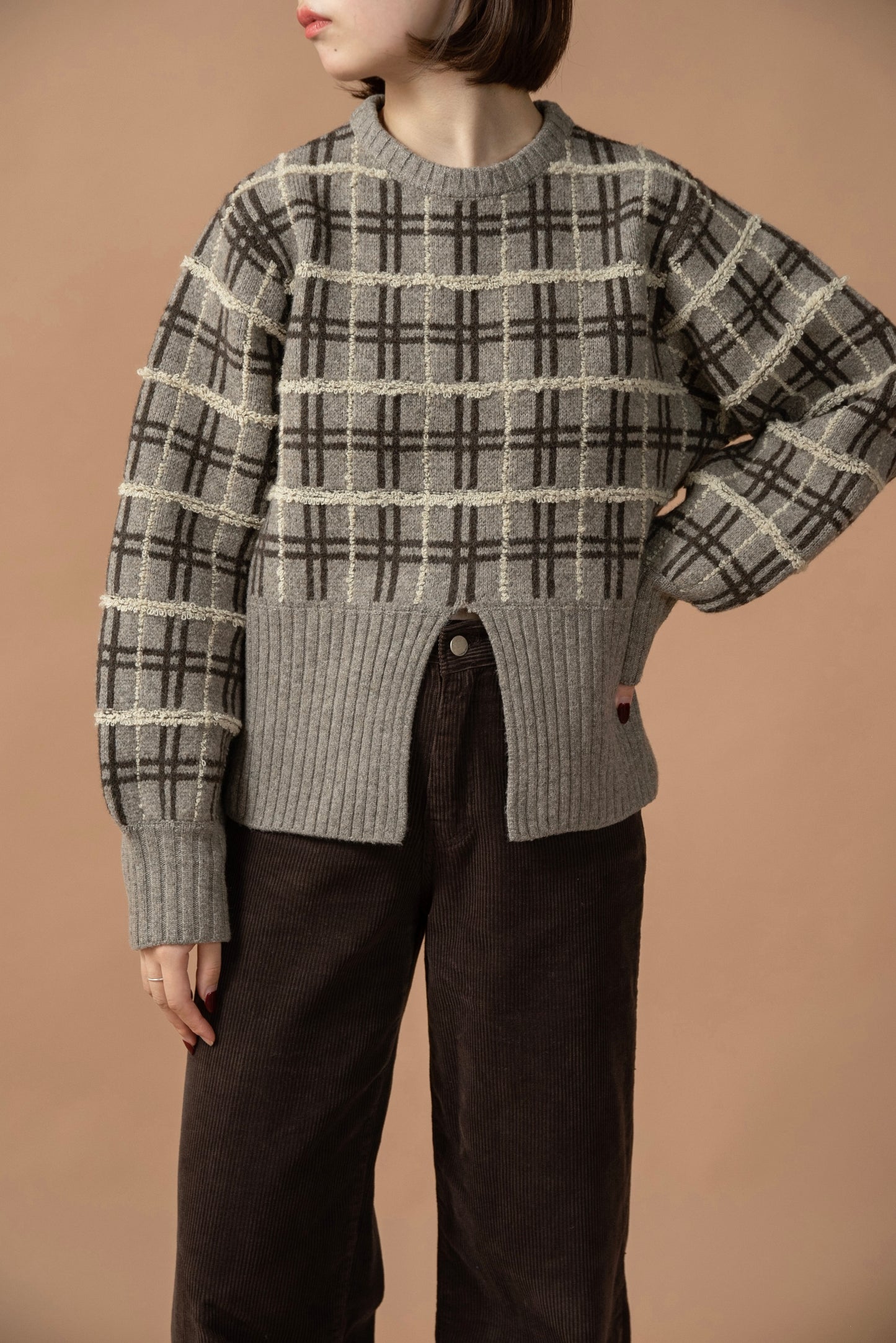 mix pattern bicolor check rib knit