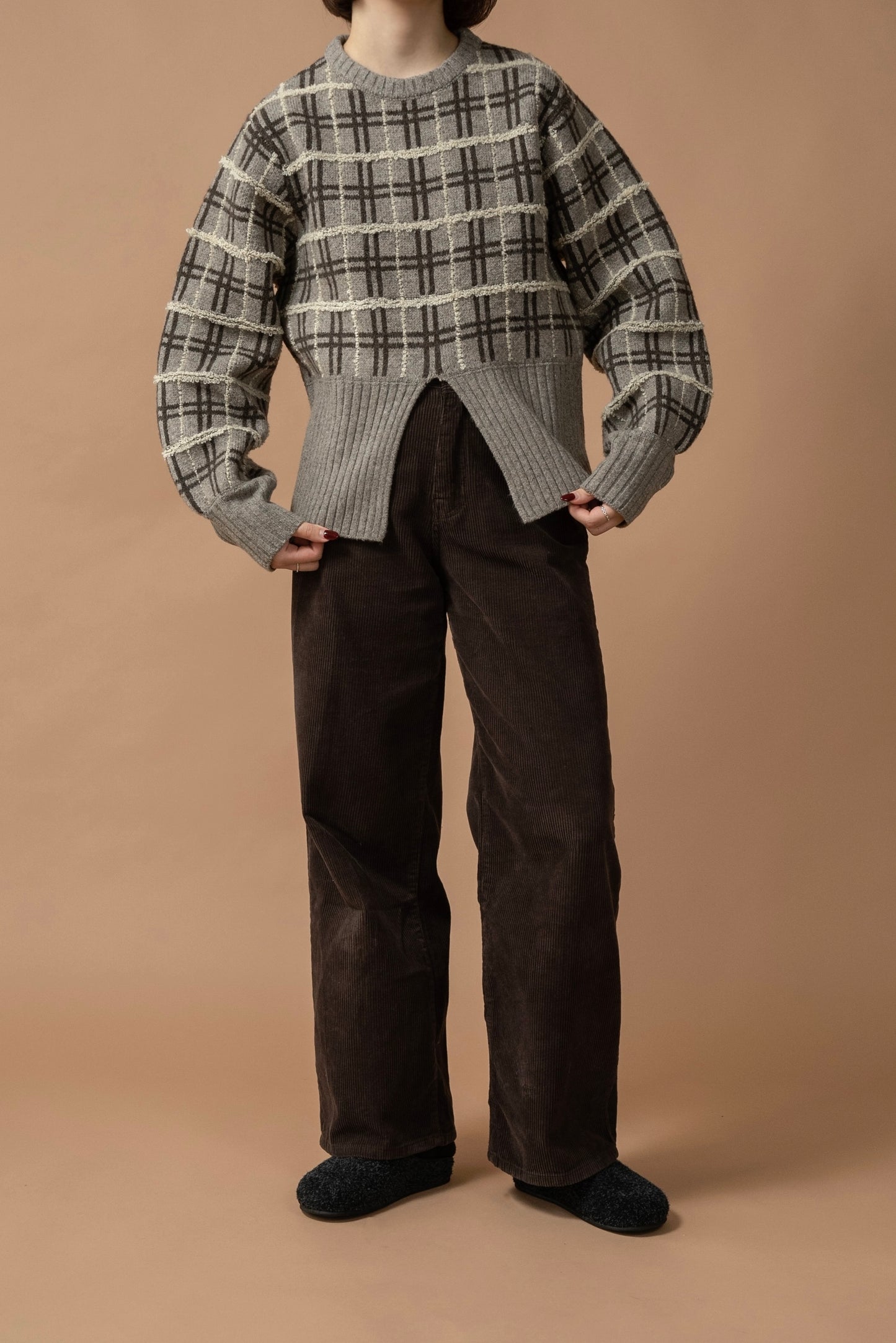 mix pattern bicolor check rib knit