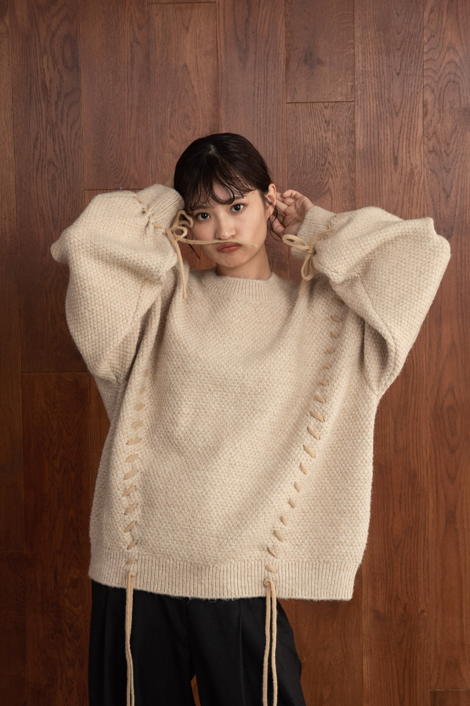レディース【amiur】cord stitch volume knit