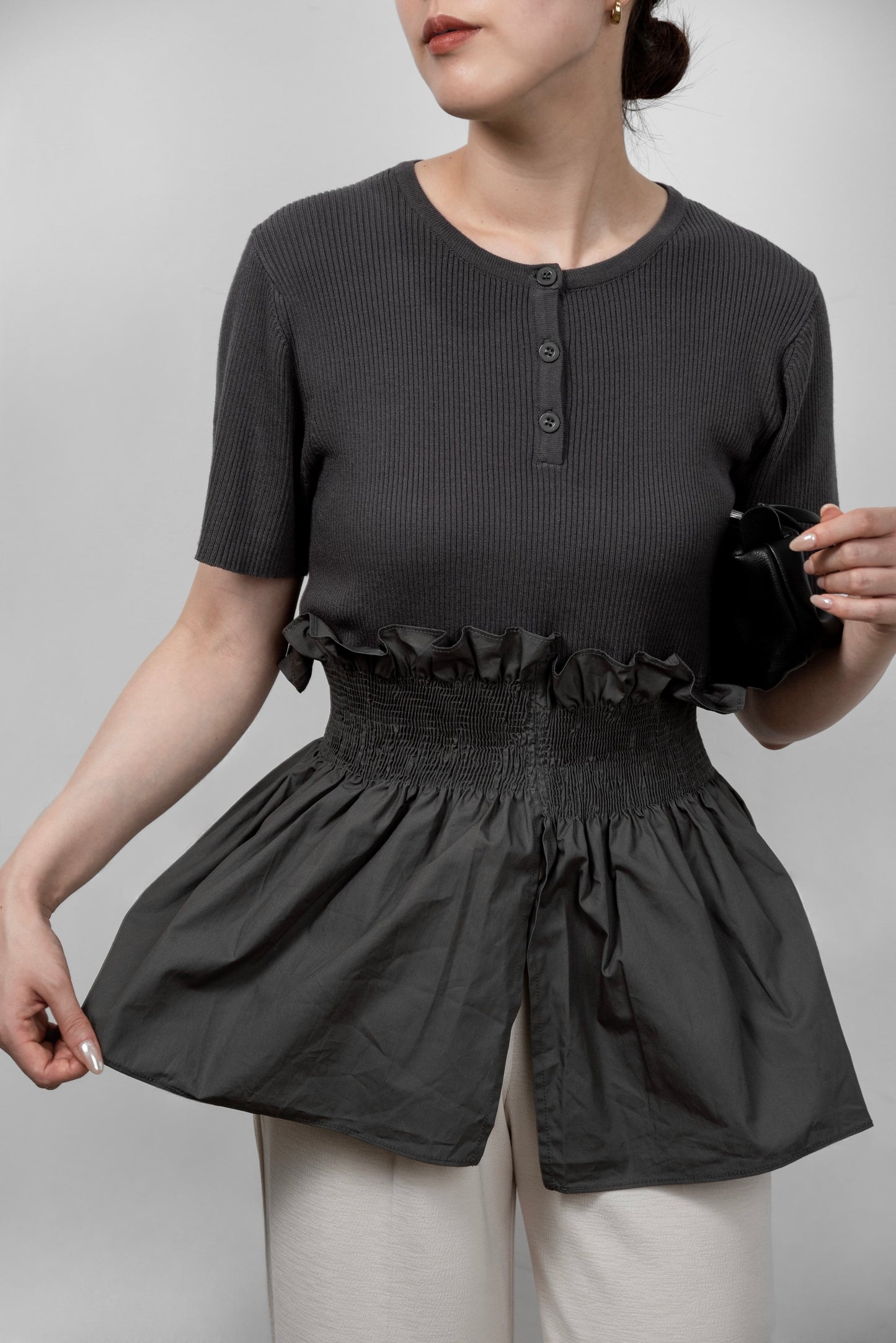knit shirt docking shirring flare tops
