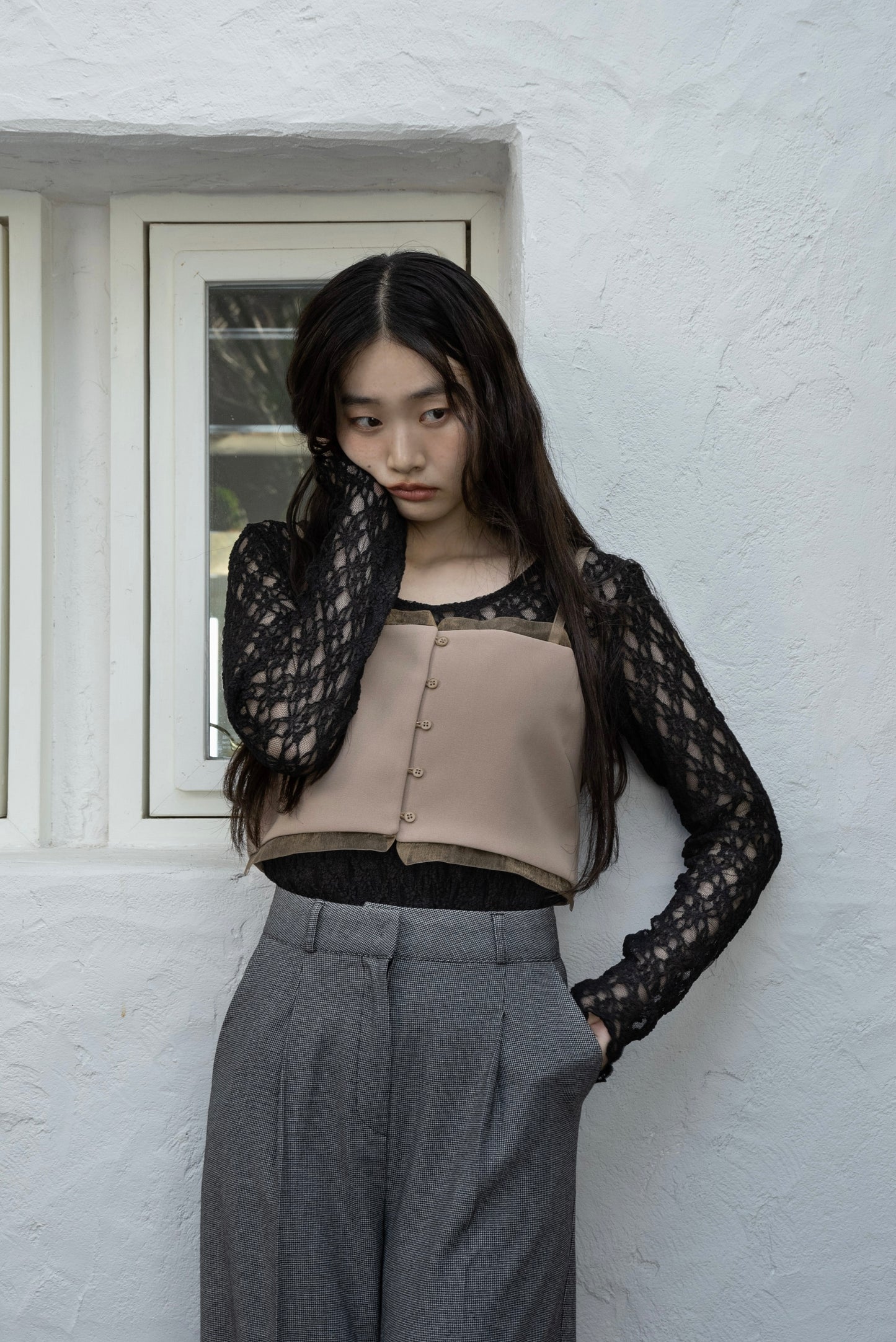 u neck sheer lace mellow tops