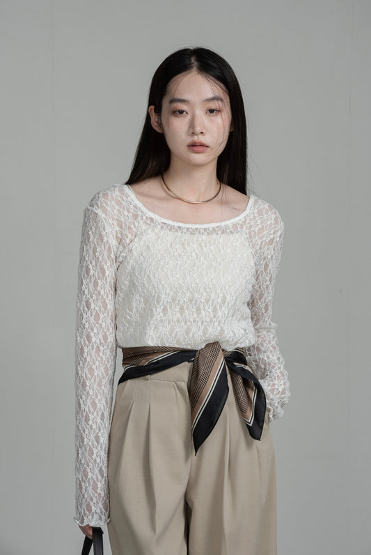 u neck sheer lace mellow tops